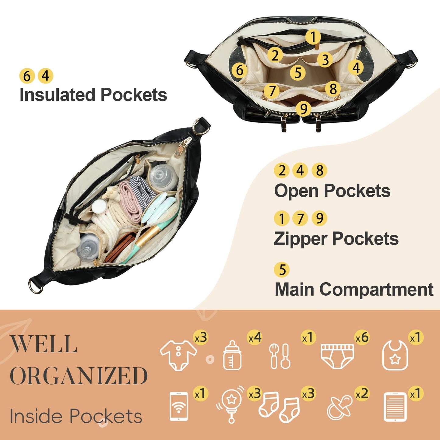 miss fong Diaper Bag Tote Leather Diaper Bag Backpack Pañaleras Para Bebe with 15 Pockets,Leather Diaper Tote with Diaper Changing Pad, Baby Bag for Moms Mommy Bag for Women-Black