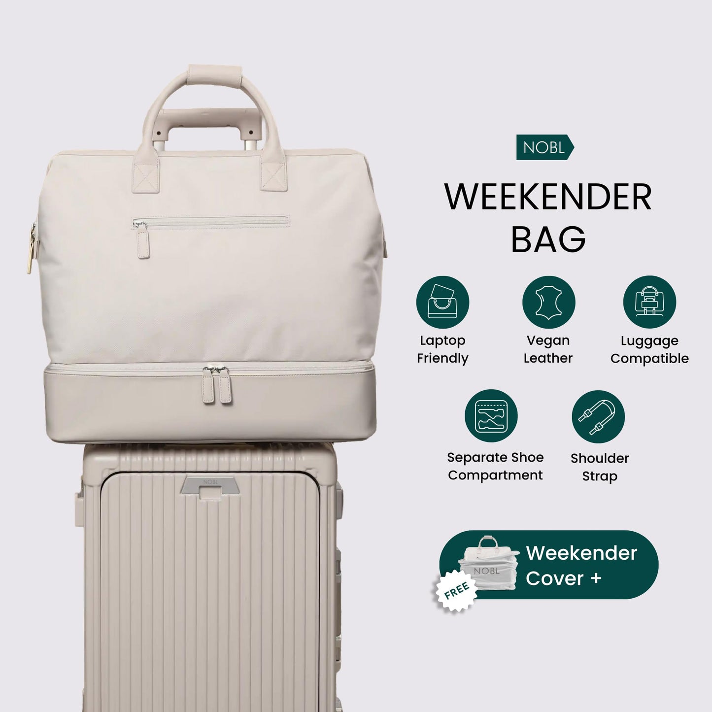 Nobl Travel Weekender Bag for Women & Men, Large Duffel Carry-On Tote with Trolley Sleeve, Separate Shoe Compartment & Laptop Pocket, Leather Overnight Bag for Airplane, Gym, Road Trips - Sand