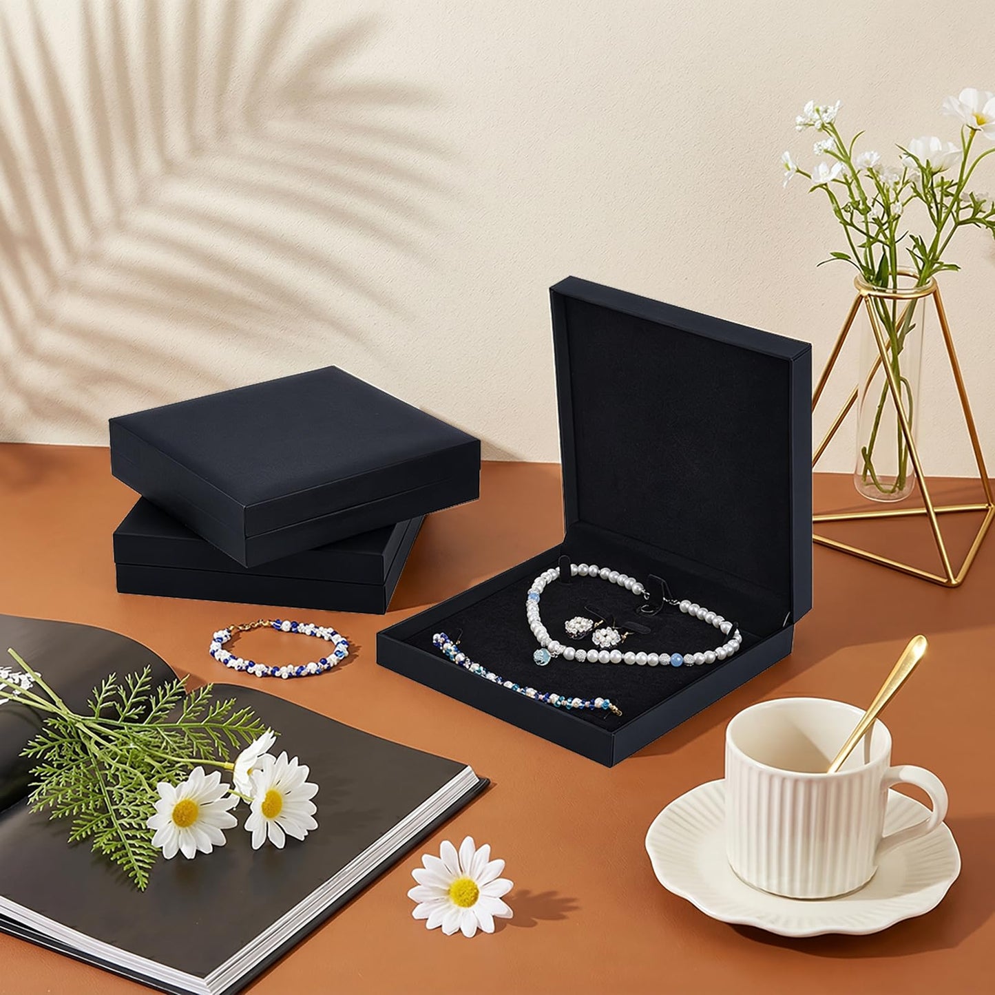 twinklemon 3PCS Black Jewelry Set Box Large Necklace Box Velvet Interior Jewelry Display Gift Box Jewelry Gift Boxes for Bracelet Necklace Earring Ring