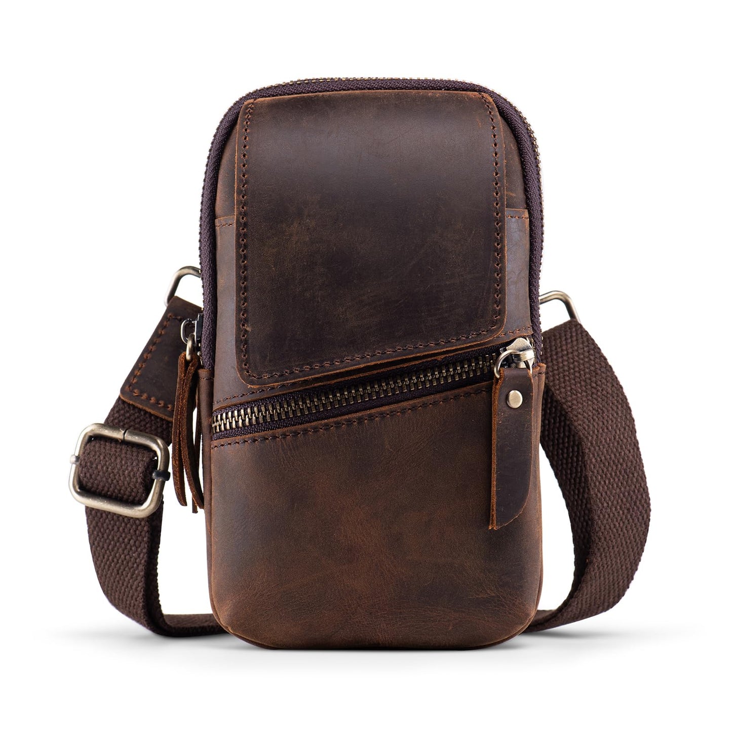 Hengwin Top Grain Crazy Horse Leather Phone Crossbody Bag with Shoulder Strap, Double Layer Cell Phone Pouch with Belt Clip Belt Loop, Multi-Functional Waist Bag Men Purse for Daily & Outdoor (Coffee)