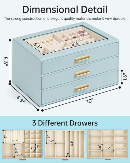 AKOZLIN Jewelry Box with Clear Lid Functional Leather Jewelry Storage Organizer Case 3 Drawers for Women Girls Necklace Ring Bracelet Earring