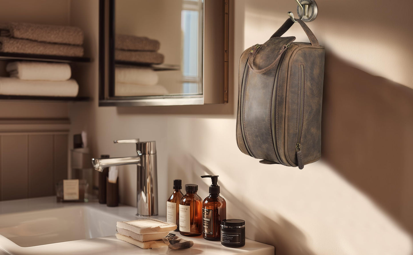 mds Genuine Leather Toiletry Bag for Men - Rustic Classic Vintage Handcrafted Full-Grain Leather Travel Dopp Kit with Waterproof Lining & Handle, Shaving & Grooming Kit Organizer Pouch - Rustic Brown