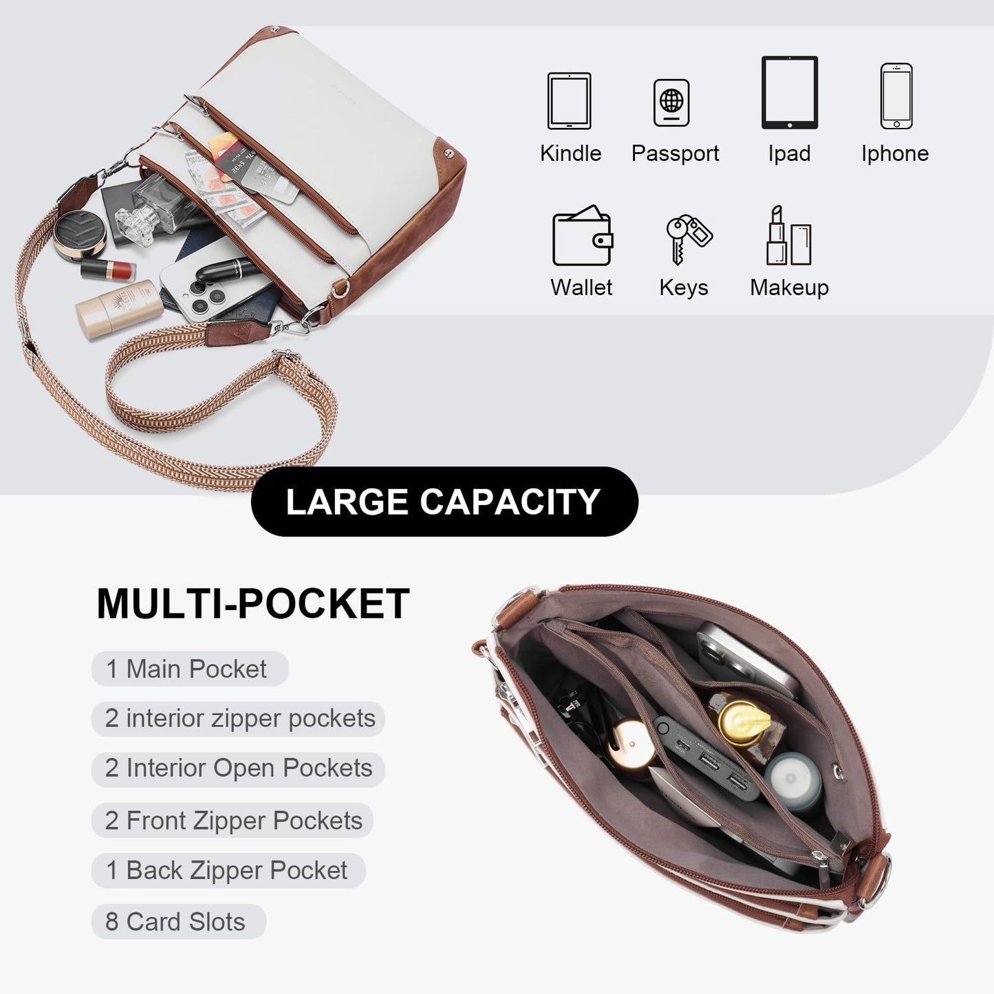 Lexiyat Crossbody Bags for Women Rfid Travel Crossbody Purses Leather Roomy Handbags Medium Shoulder bag with Adjustable Strap Beige