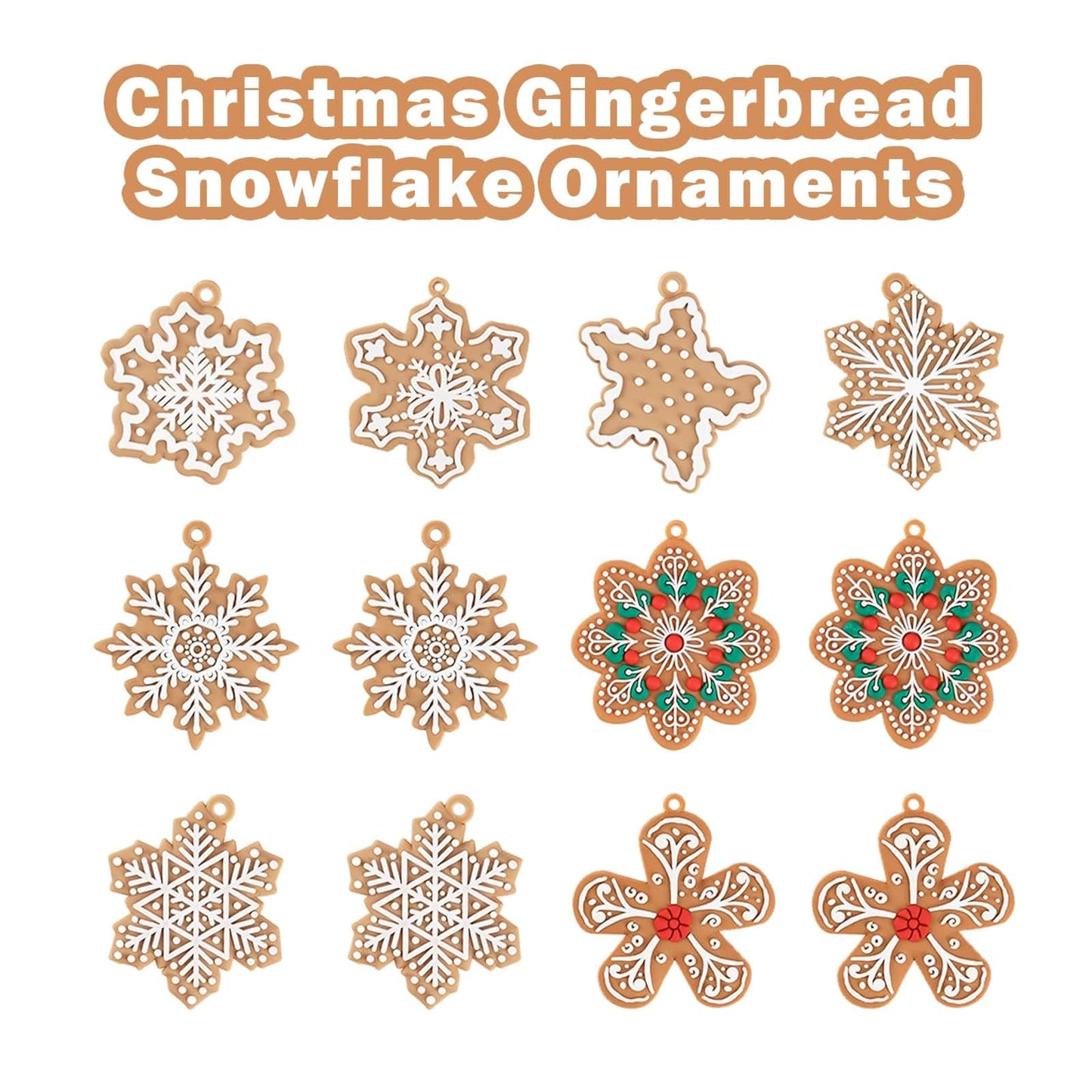 kockuu 12Pcs Christmas Gingerbread Snowflake Ornaments for Tree Rustic Brown Silicone Christmas Ginger Bread Hanging Ornaments Pendants for Xmas Tree Winter Crafts Holiday Home Party Decor Indoor