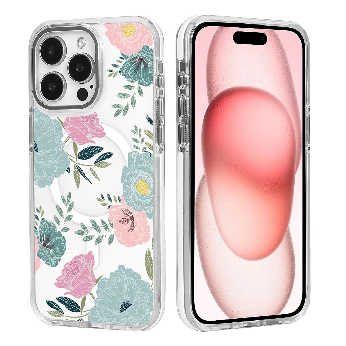 TAMEFOX for iPhone 15 Pro Max Clear Case, Campatible with Magsafe,Blue Red Camellia Soft TPU Slim Magnetic for Women Girl Protective Case for iPhone 15 Pro Max-6.7 Inch (White)