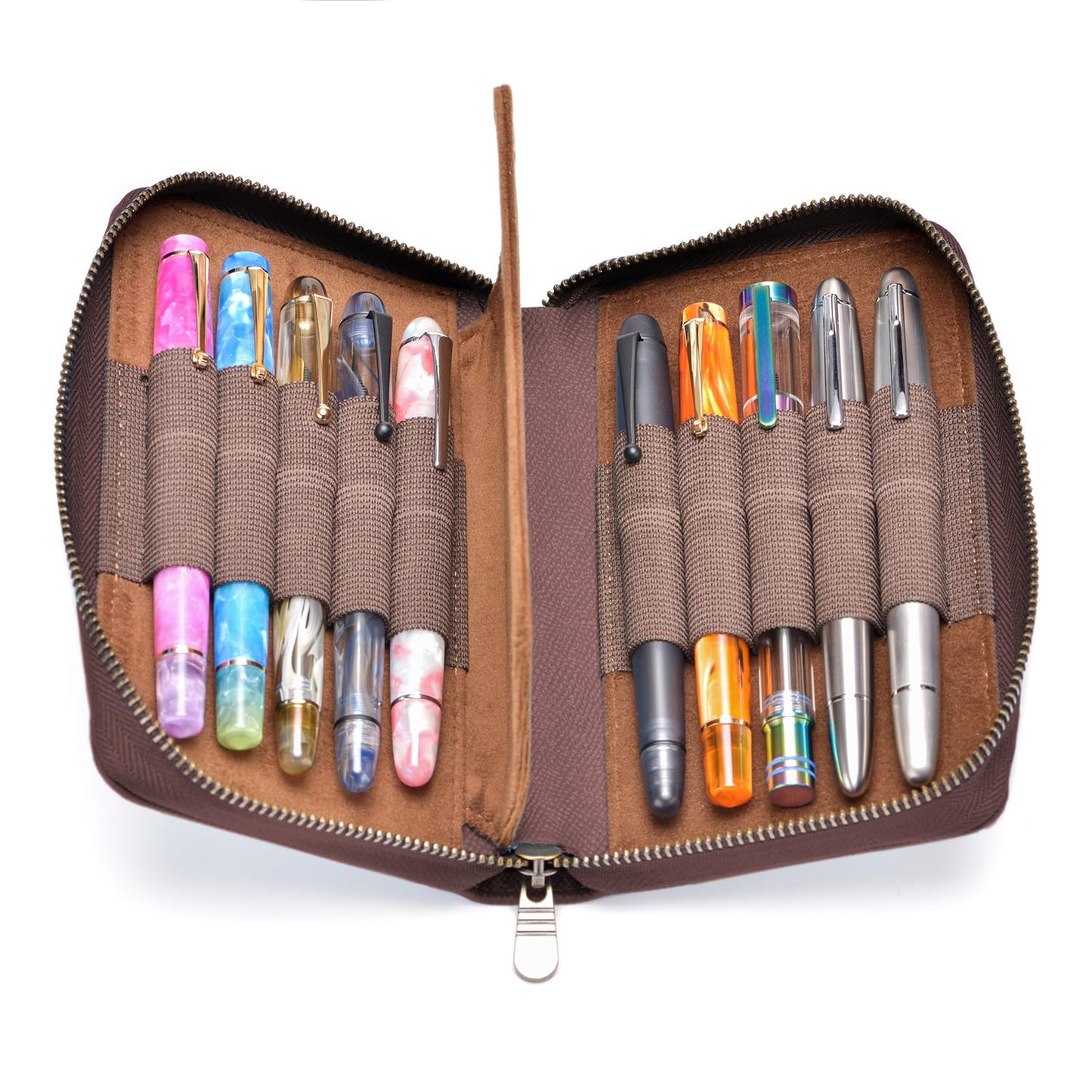 Asvine Fountain Pen Case Genuine Leather Pen Case 10 Divided Slots Coffee, Rollerball Pen Holder Handmade Display Organizer Zippered Pouch
