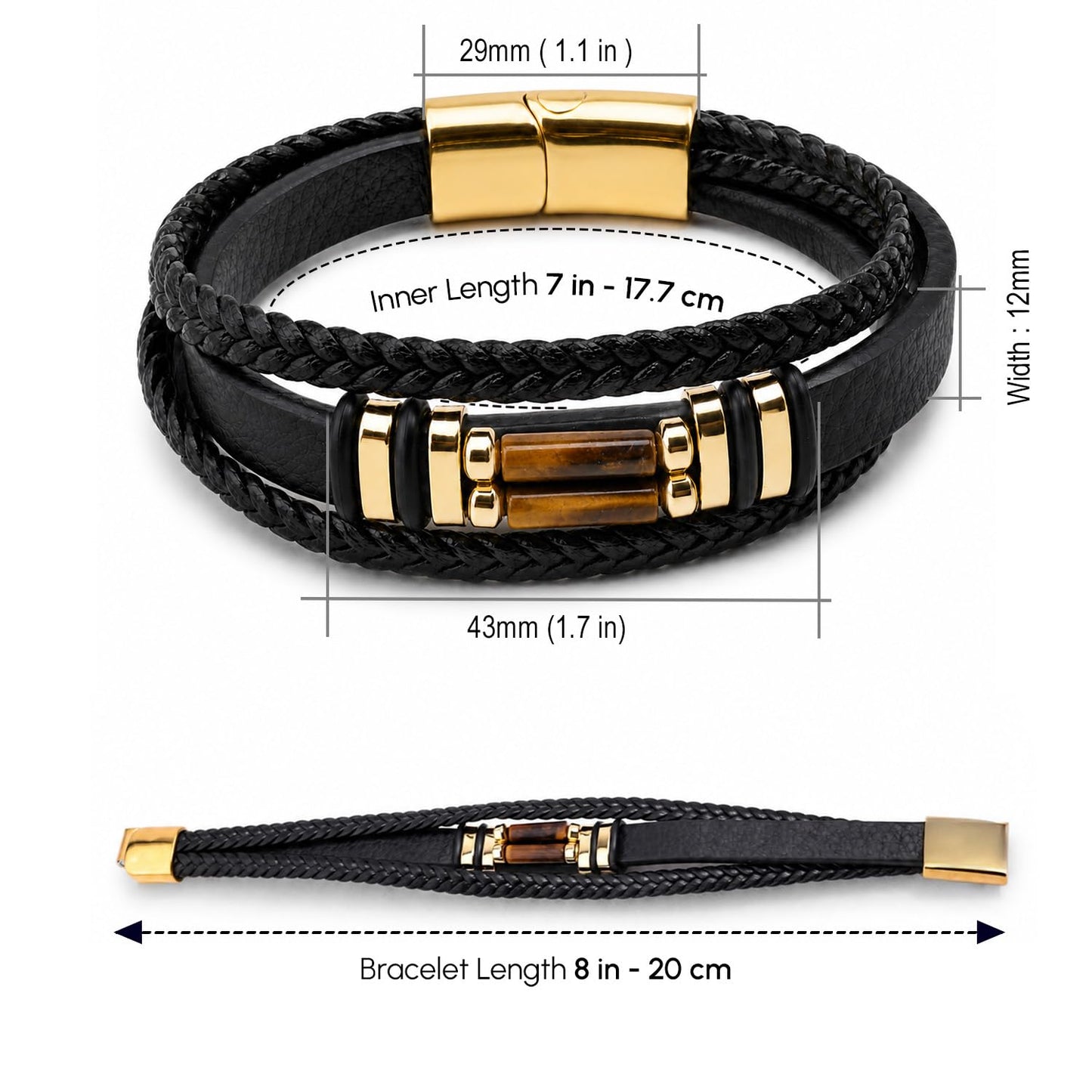 DHWANI ASTRO Leather Braided Stone Bracelet for Men Stainless Steel Buckle Multi Layer Wristband Cuff Bracelets Handmade With Metal Clasp Closure (Tiger Eye)