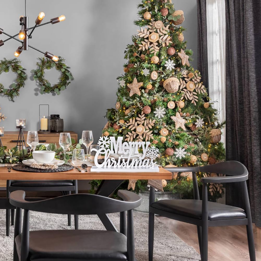 Wooden Merry Christmas Tabletop Decor, Elegant Wood Cutout with Glitter, Wooden Xmas Table Sign, Christmas Centerpiece for Xmas Party Decor for Table Tiered Tray Mantel (White)