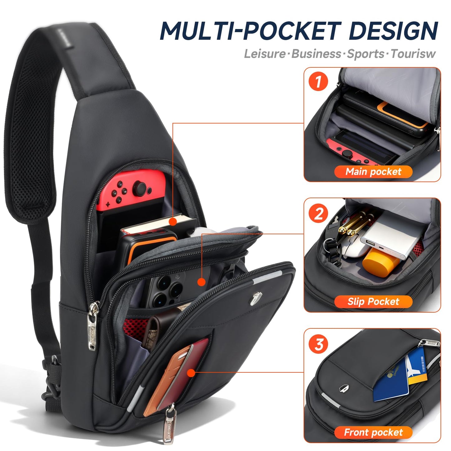 Crossbody Bag for Men, Sling Bag with USB Charging Port & Reflective Strips, Water-Resistant Shoulder Bag Fits Switch 2, Small Backpack Daypack for Travel, Hiking, Gym, Running, Daily Commute