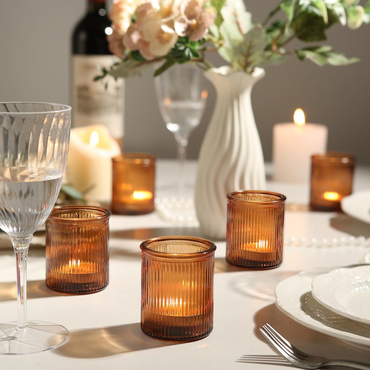 36pcs Amber Votive Candle Holders, Ribbed Glass Tea Light Candle Holder, Candle Votives for Wedding Centerpiece & Home Decor