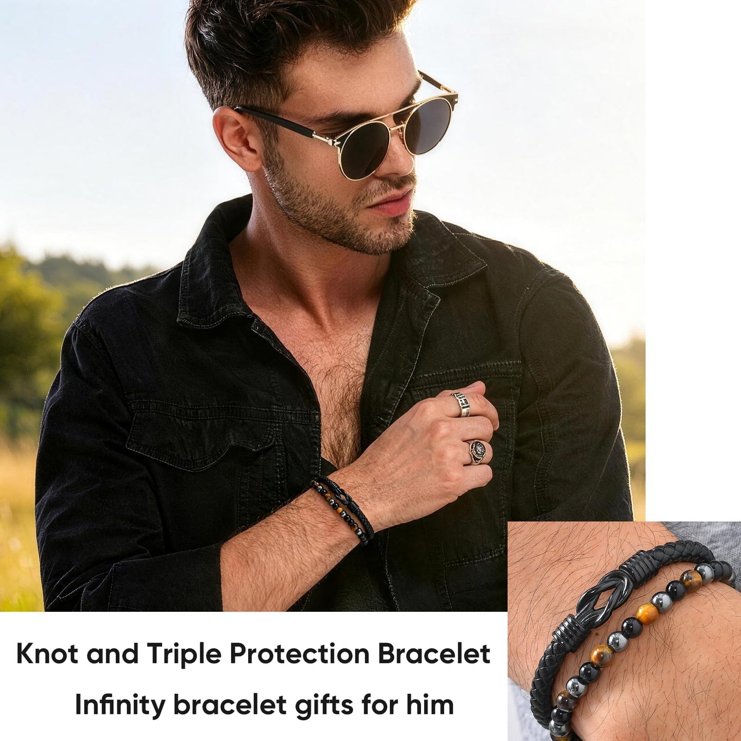 Crystal Infinity Cuff Bracelet Gifts for Men Him-Triple Protection Hematite Black Obsidian Tiger Eye Gemstone Beaded Leather Cuff Bracelets Lettering Love You Forever Healing Gifts for Husband Father's Day