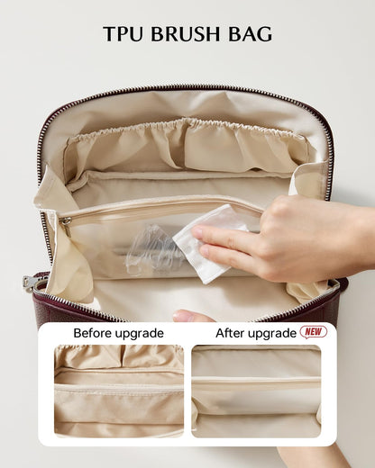 EACHY Travel Makeup Bag, Lychee Leather Large Capacity Cosmetic Bag for Women, Open Flat Toiletry Bag with TPU Brush Compartment, Waterproof Skincare Organizer Travel Essentials