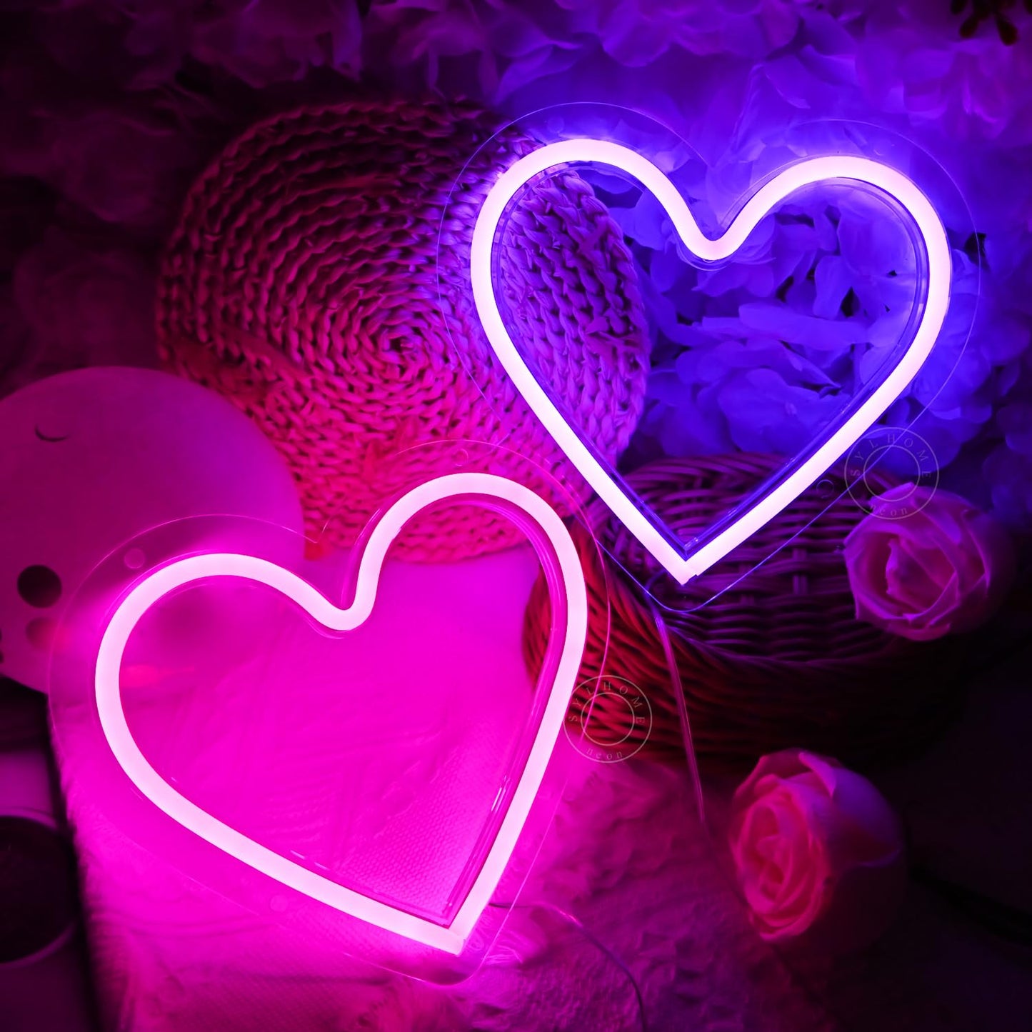 SYLHOME 2 Pack Heart Led Neon Light Sign Battery Operated or USB Powered Bedroom Wedding Wall Sign Decor Valentines Day Birthday Christmas Gifts USB 7.87" X 7.28"