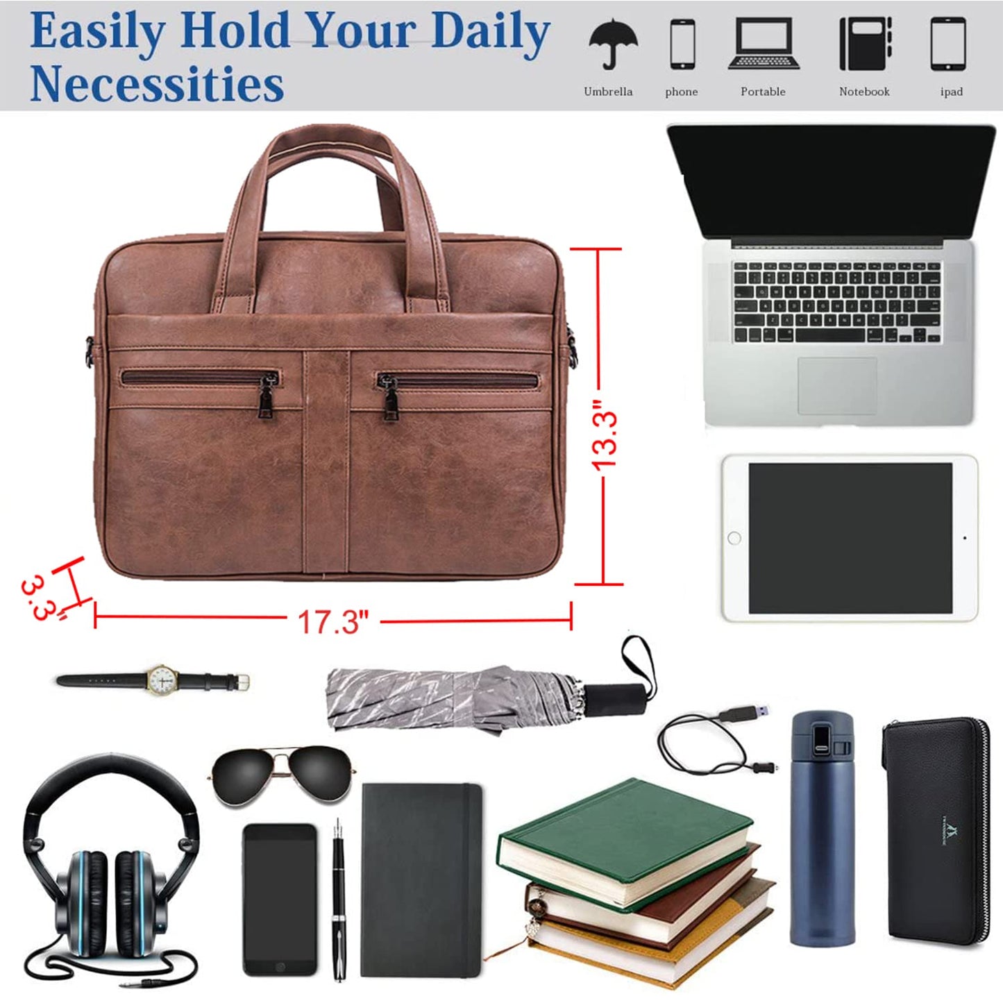 seyfocnia Men's Leather Messenger Bag, 17.3 Inches Laptop Briefcase Business Satchel Computer Handbag Shoulder Bag for Men-Brown