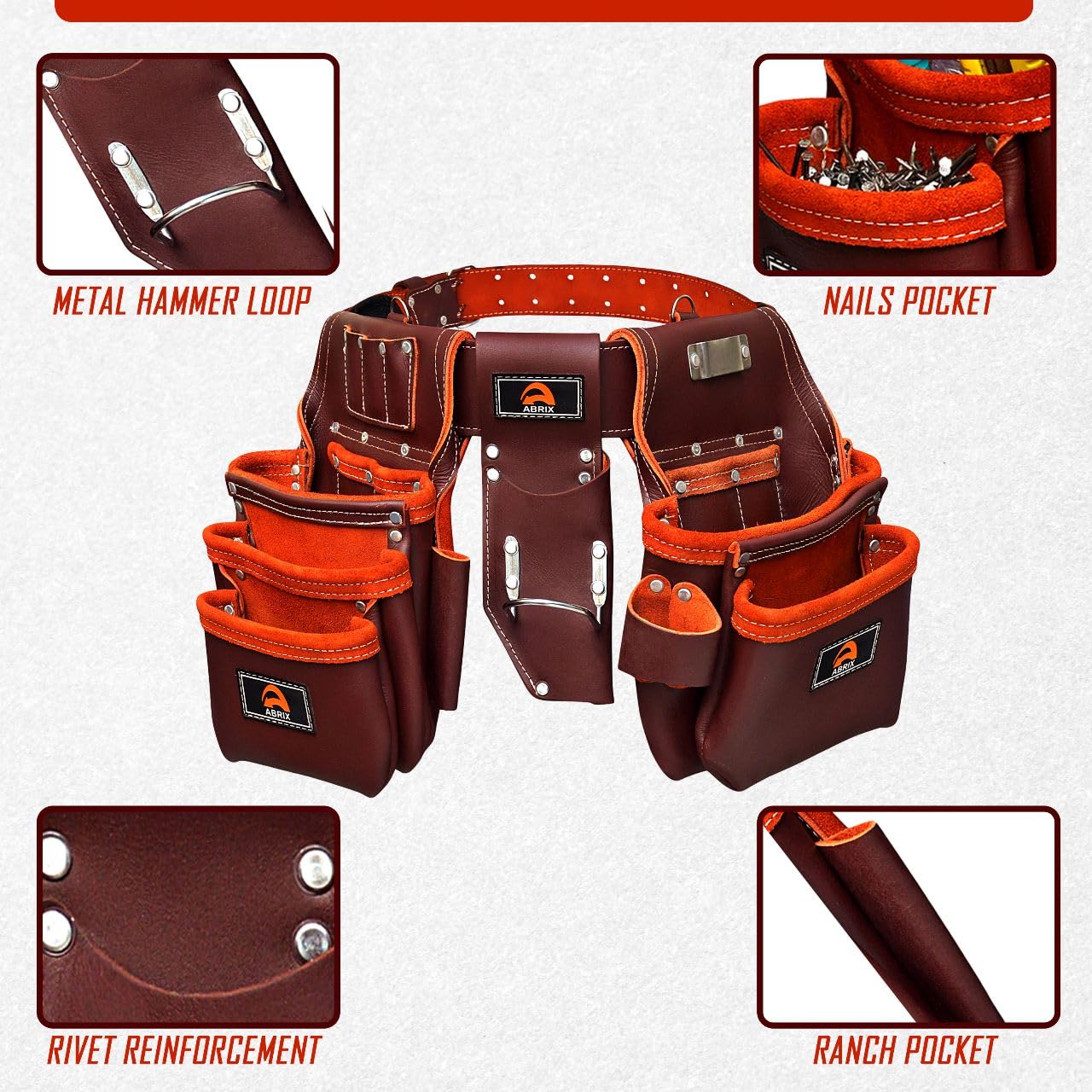 ABRIX Heavy Duty Tool Belt for Men – 4MM Thick Genuine Leather, Brass Buckle & Rivets | Foam Padded Comfort | 28-Pocket Carpenter & Framing Rig with Suspender | Work Belt Fit upto 32" to 52"