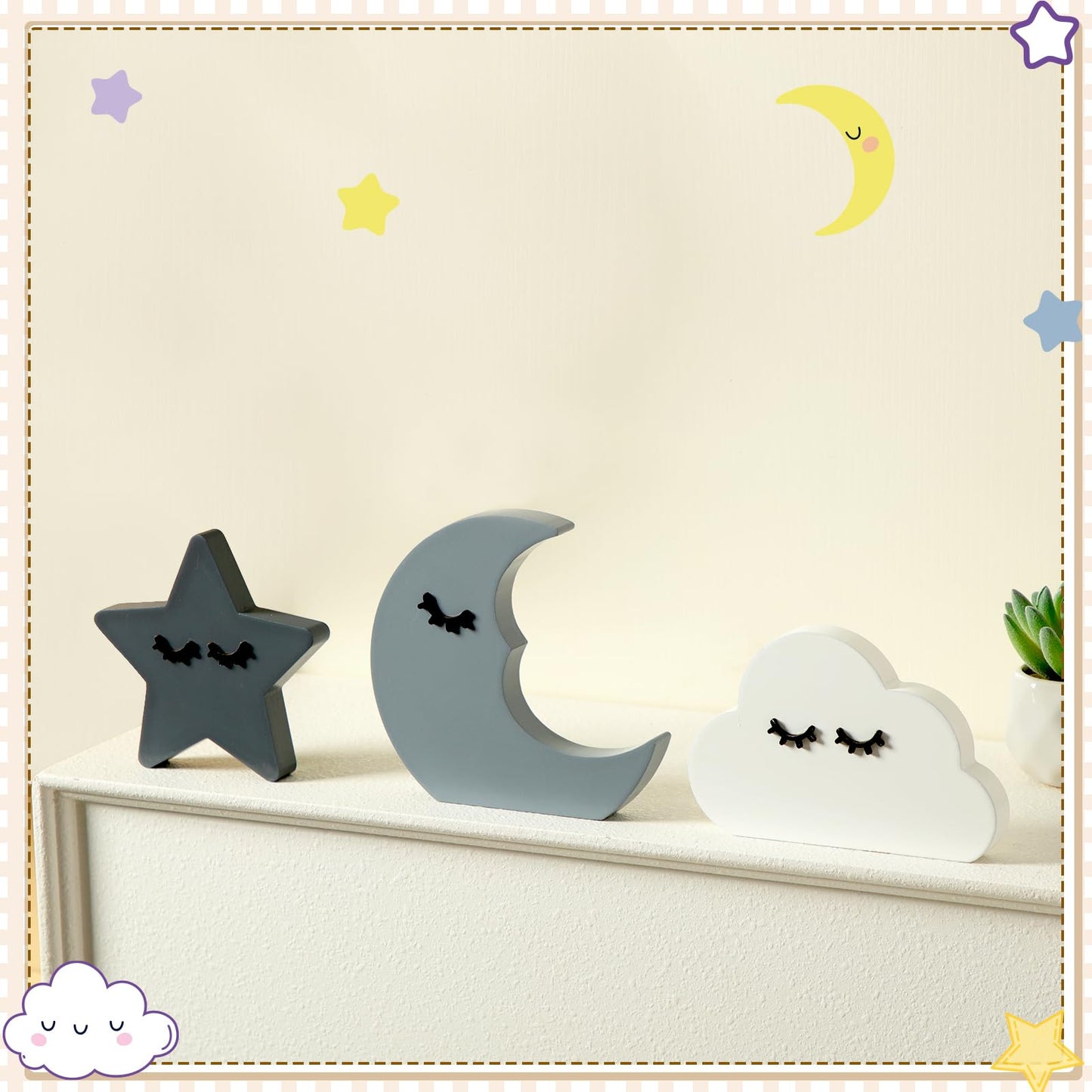 Briwooody 3 Pcs Moon Stars and Cloud Celestial Nursery Decor Bohemian Wood Nursery Shelves Decoration Wooden Nordic Boho Baby Wall Adornment for Bedroom Wedding Baby Shower Boys Girls Kids