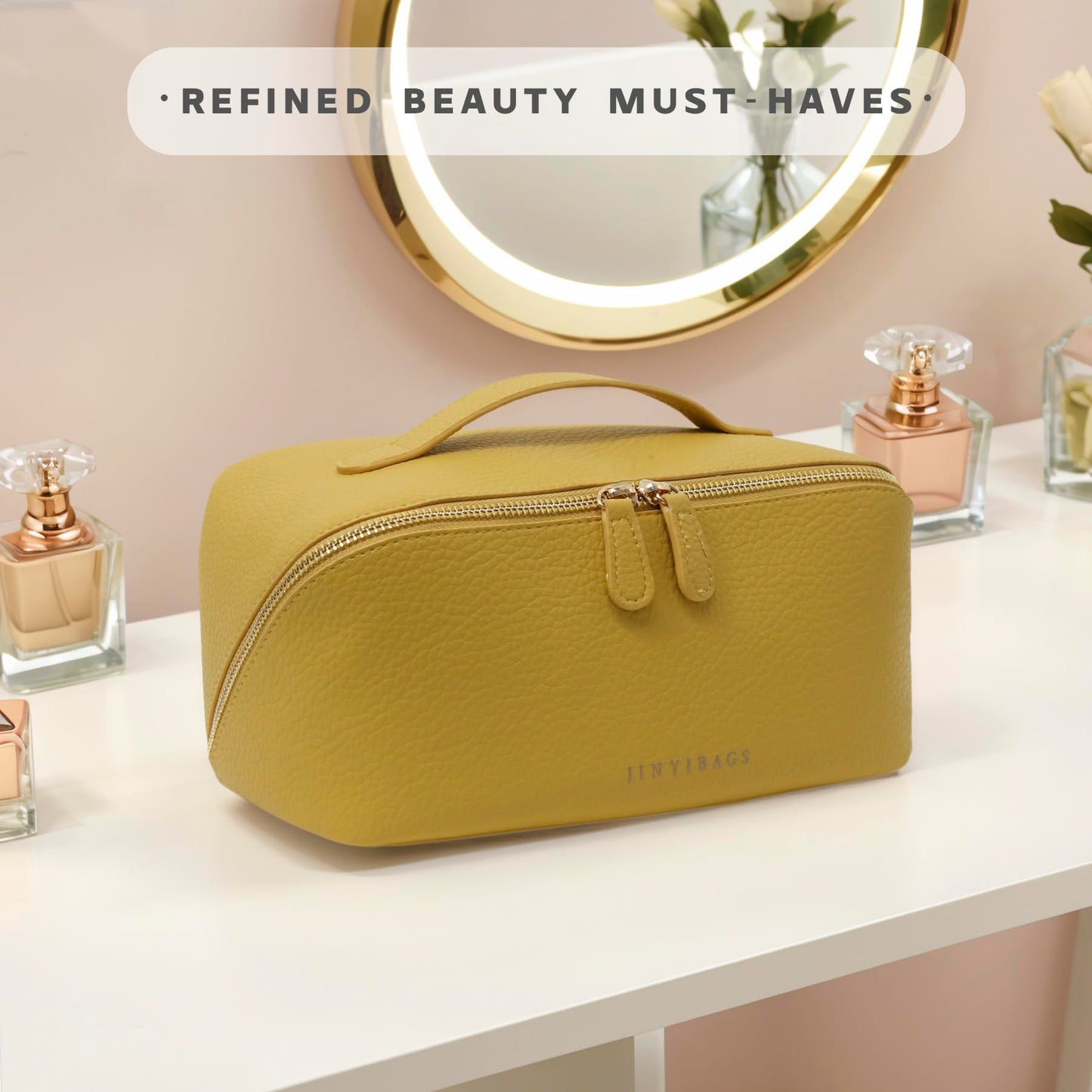 JINYIBAGS Travel Makeup Bag – Large Cosmetic Organizer with Waterproof PU Leather, Smooth Double Zipper & Tear-Resistant Lining, Toiletry Pouch for Women (Yellow)