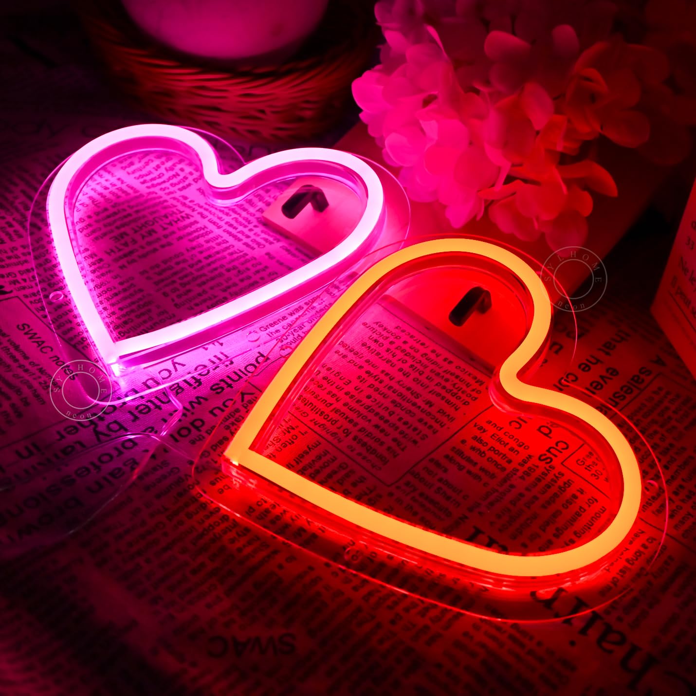 SYLHOME 2 Pack Heart Led Neon Light Sign Battery Operated or USB Powered Bedroom Wedding Wall Sign Decor Valentines Day Christmas Birthday Gifts USB 7.87" X 7.28" Pink & Red