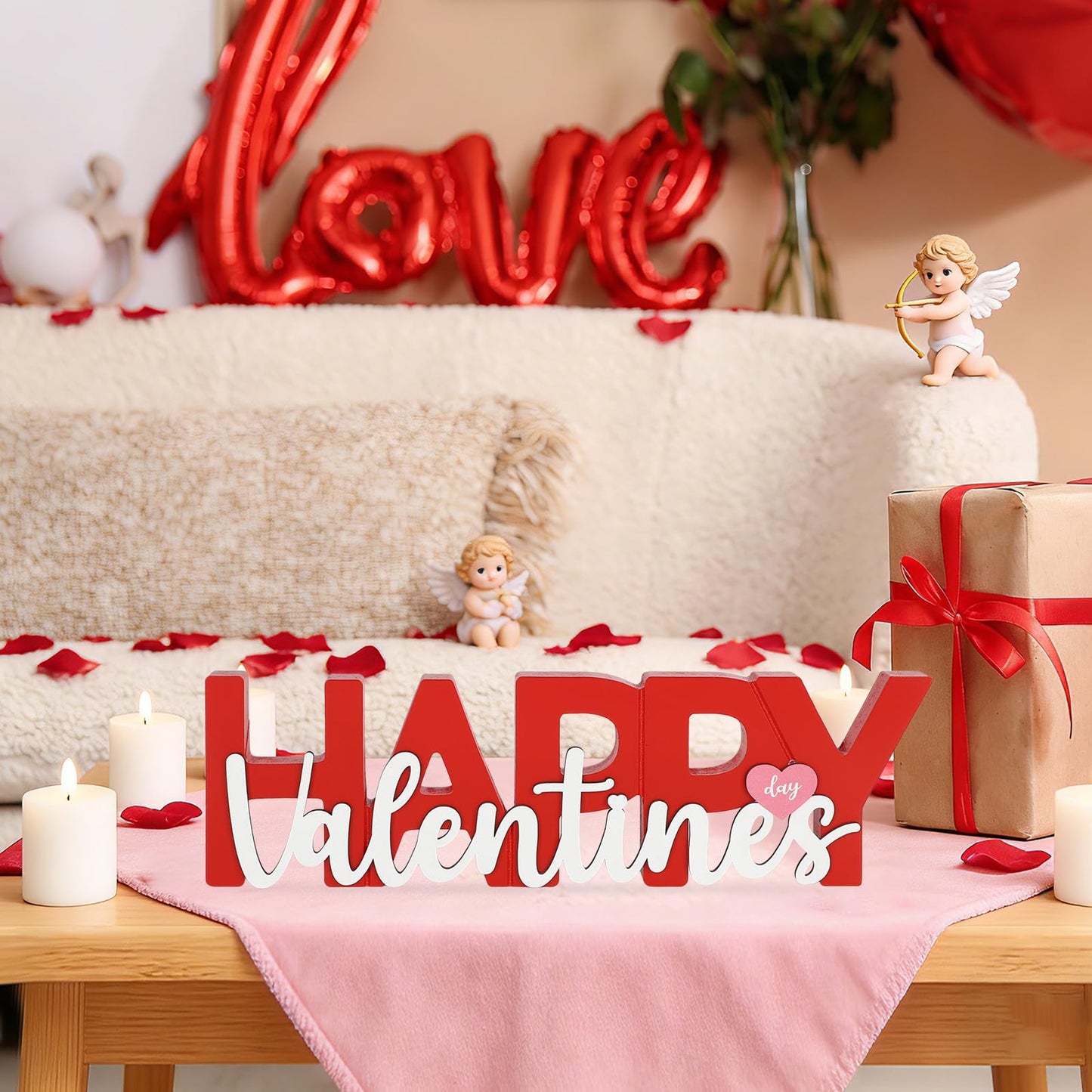 COCHIE Wooden Happy Valentine's Day Sign, Valentine Decorations for Home, Office, Shelf, Mantel, Indoor, Wood Heart Decor, Red Pink Table Top Party Decoration (Valentines)