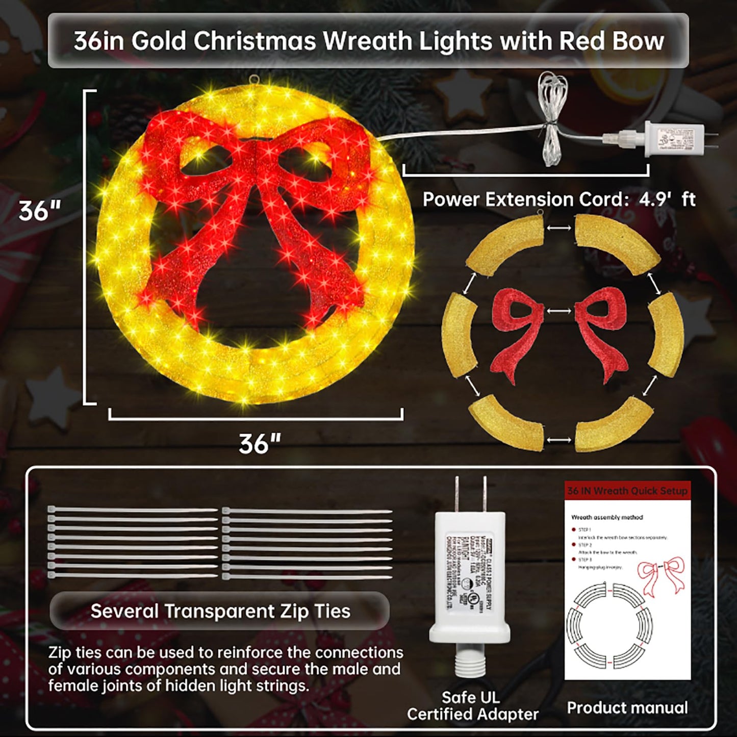 Outdoor Christmas Wreath Decoration - 36" Bright LED Christmas Wreath Lights with Bow, Large Lighted Christmas Wreaths Window Lights for Wall, Windows, Front Door Decor, Red Bow - Gold Wreath