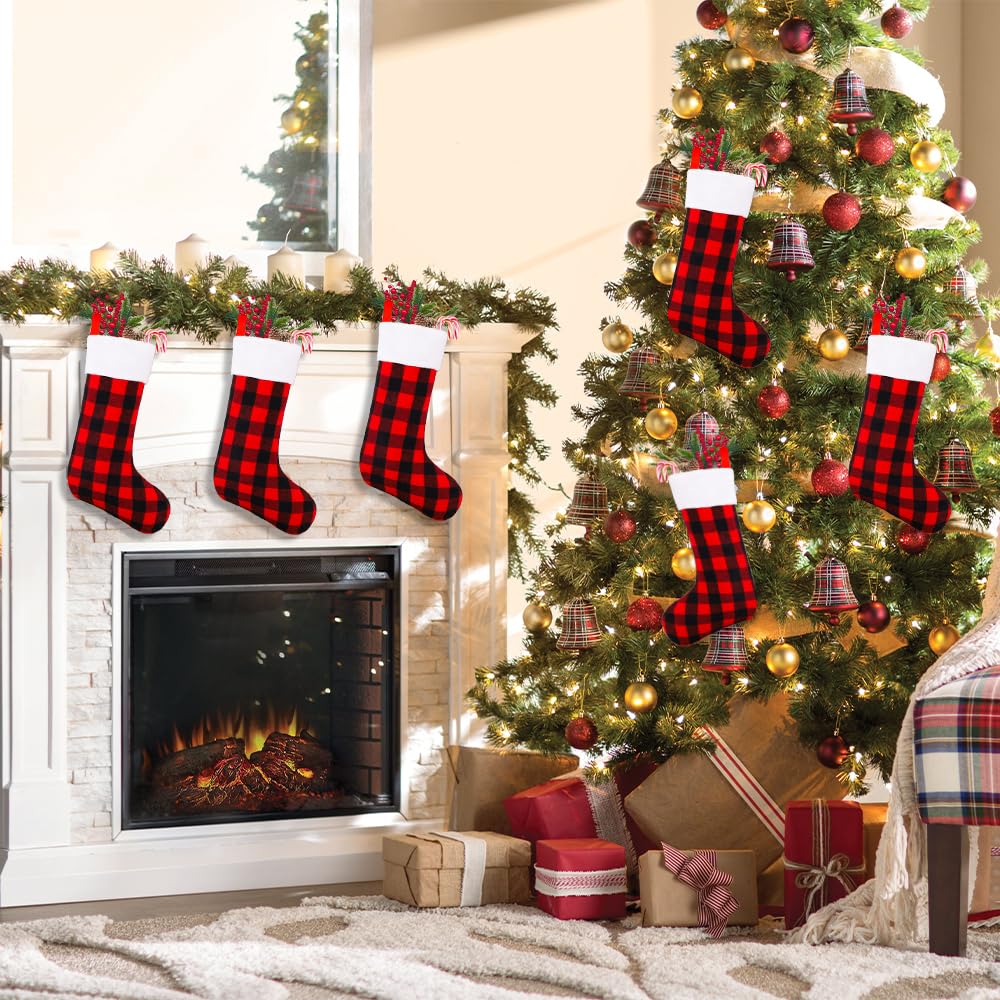 YUJUN 6 Pack 22 Inches Christmas Stockings, Xmas Large Black Red Buffalo Plaid Hanging Stockings Decorations for Christmas Tree Fireplace Family Holiday Party Decor