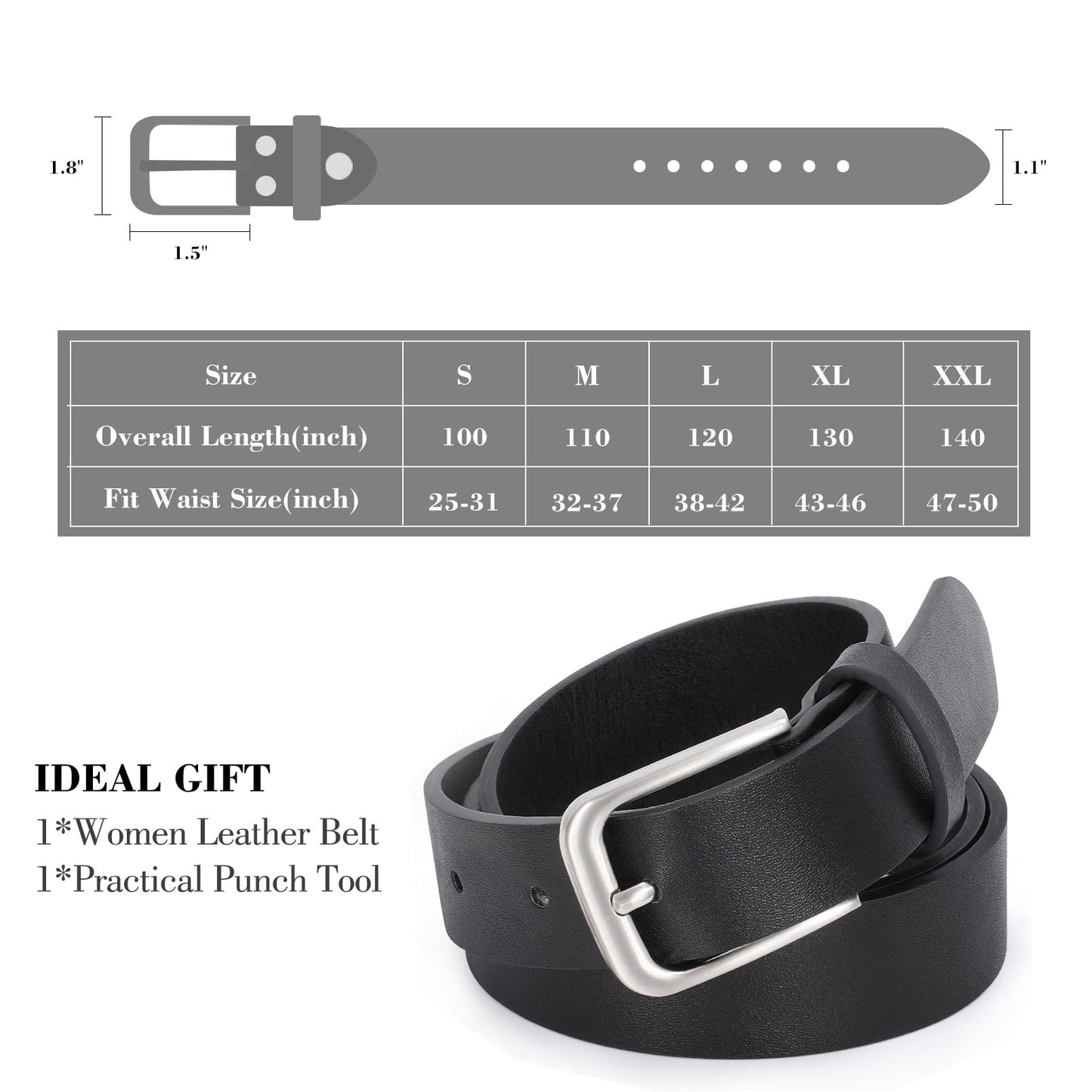 WHIPPY Women Casual Leather Belt for Jeans Pants, Fashion Ladies Waist Dress Belt Black Buckle Black M