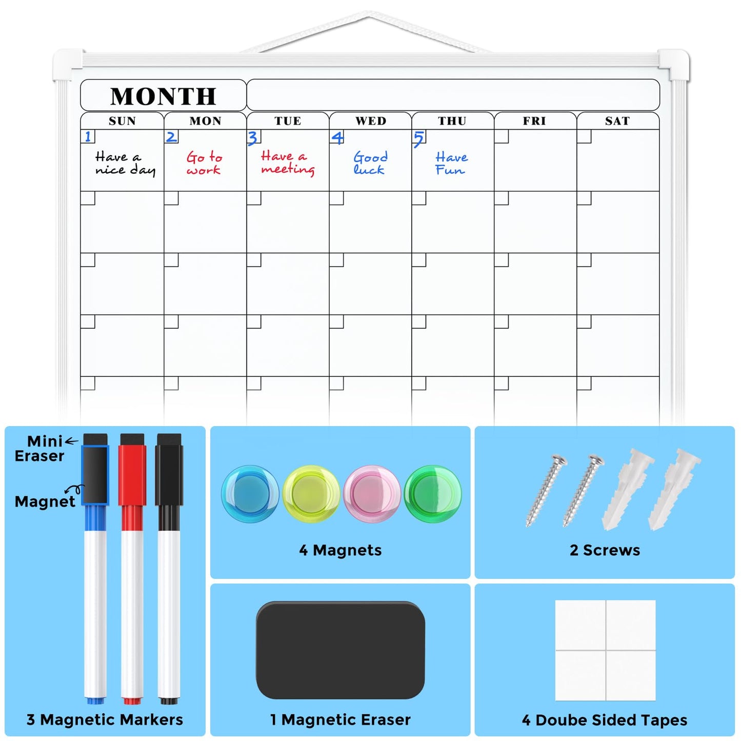 MaxGear Monthly Calendar Dry Erase Board for Wall, 16"x12" Small Hanging Double-Sided White Board, Portable Whiteboard for Planning, Drawing, Memo, to Do List, School, Home, Kitchen, Office