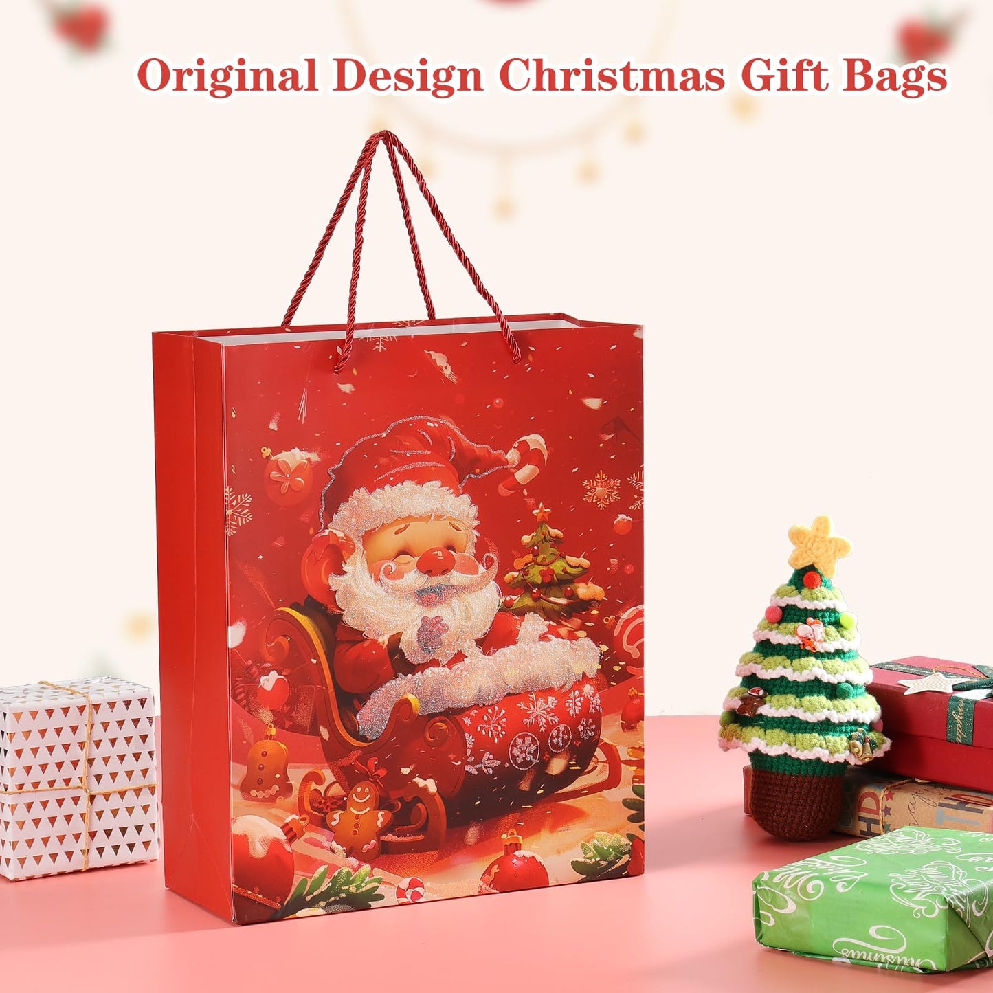 Rusikia 12 Christmas Gift Bags with 12 Tissues Paper 1 Satin Ribbon - Small