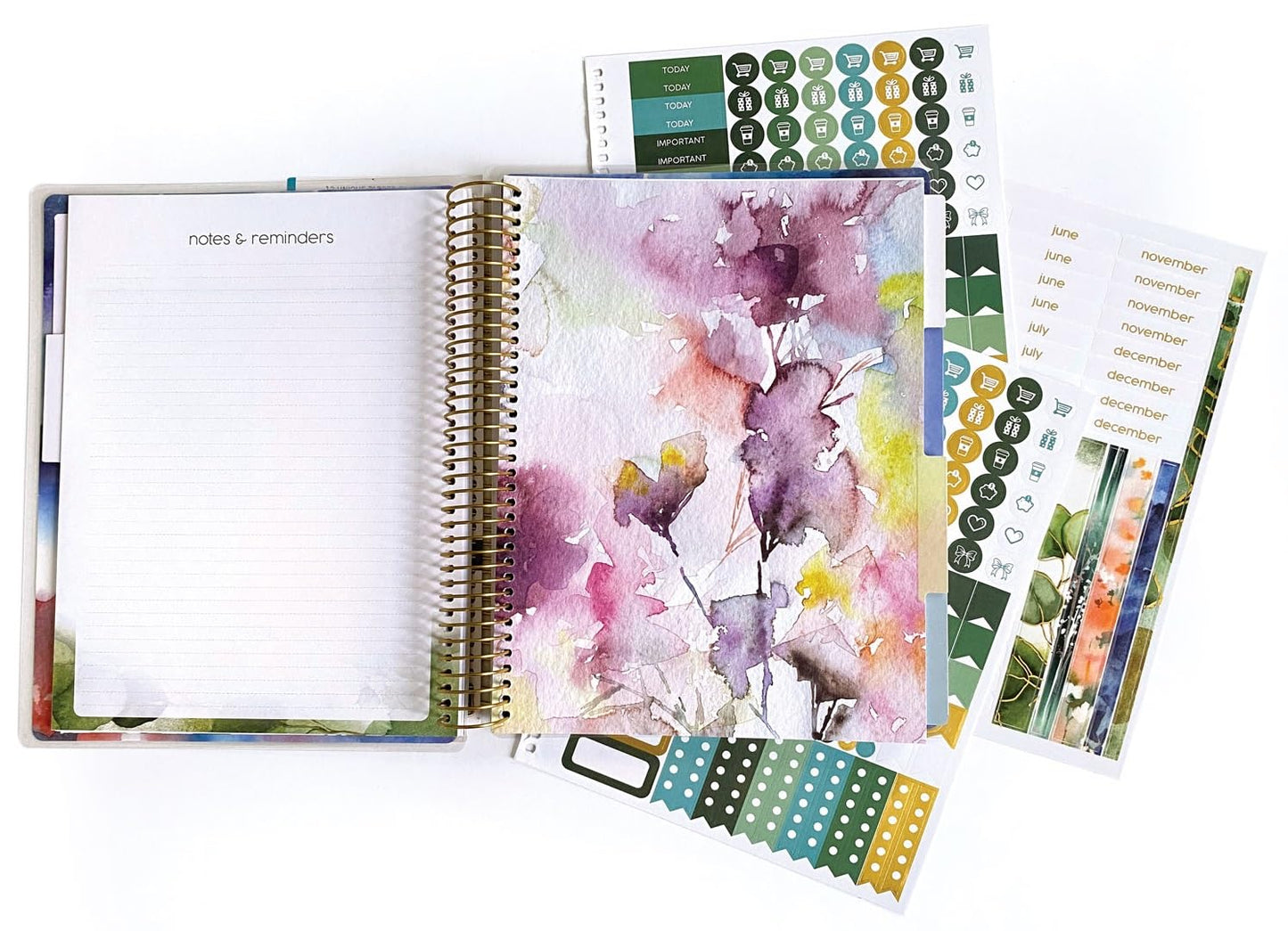 Paper House Productions 12 Month Undated 9.5" Planner with Month and Event Flag Stickers - Watercolor Flora