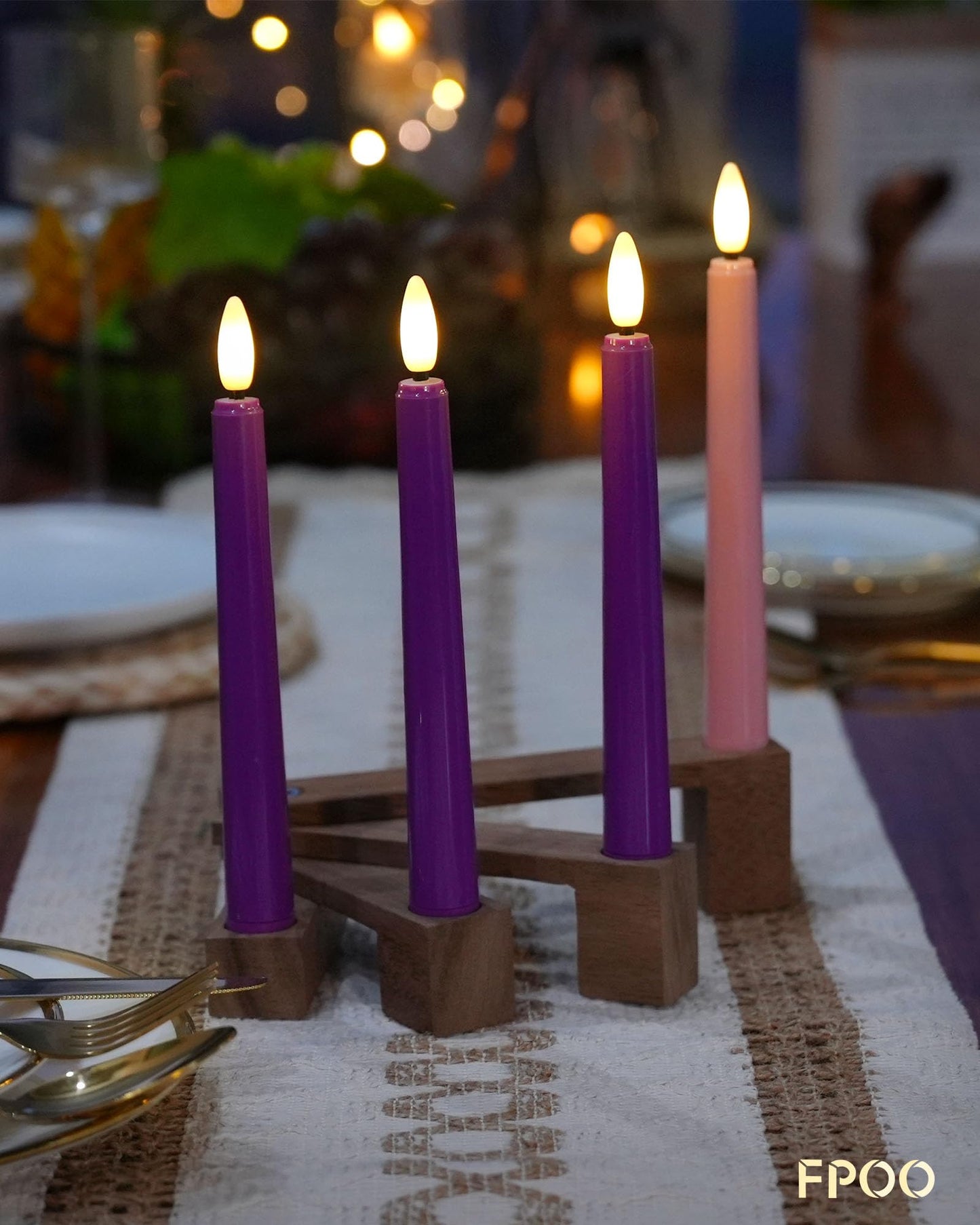 FPOO Flameless Advent Candles with Wooden Candle Holder, Advent Candles Battery Operated 3 Purple and 1 Pink LED candlesticks for Advent Decoration (4 Packs)