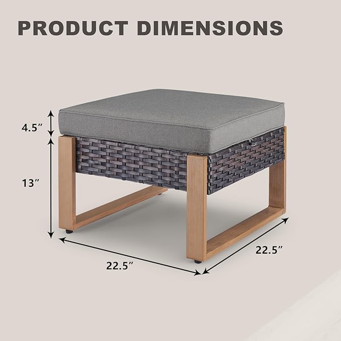 Rilyson Outdoor Ottoman Wicker Patio Footrest - 2 Piece Wicker Footrest Footstools Set with Sturdy Frame,All-Weather PE Wicker, Thick Cushions for Deck Porch Garden(Brown/Grey)