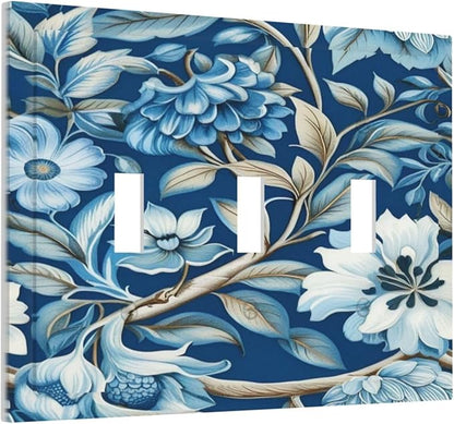 Blue Flowers Branches Leaves Floral Pattern Light Switch Covers 3 Gang Triple Toggle Wall Plate Decorative Switchplate Electrical Faceplate for Farmhouse Living Decor