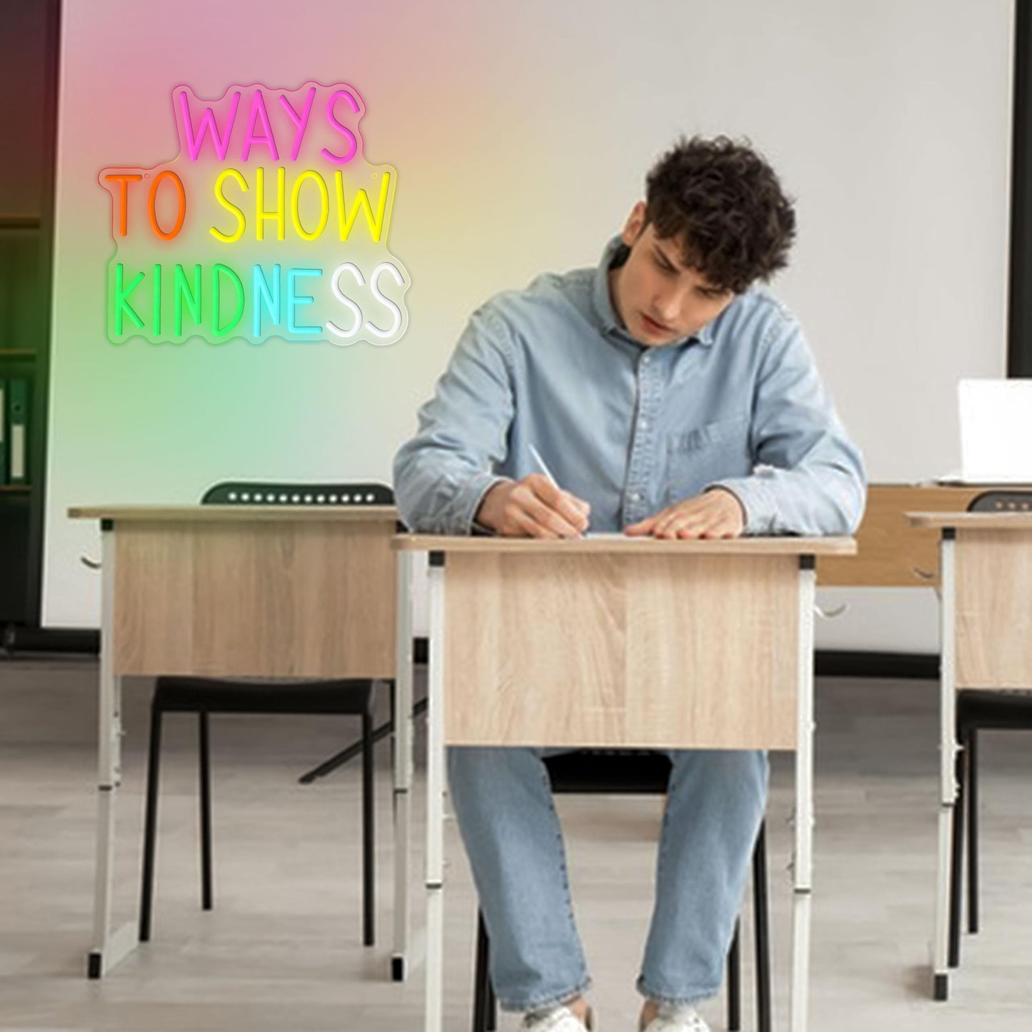 Ways To Show Kindness Neon Sign for Wall Decor Letters Rainbow Led Neon Light Dimmable Inspirational Letters Light Sign for Bedroom Classroom Club Party Office