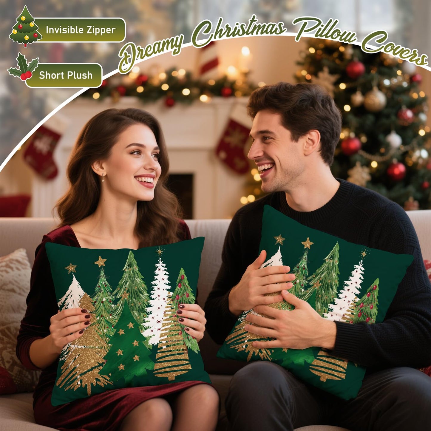 Artmag Christmas Tree Pillow Covers 24x24 Inch Set of 2, Decorative Farmhouse Green Pillow Shams Cases Slipcovers for Home Couch Sofa Decorations