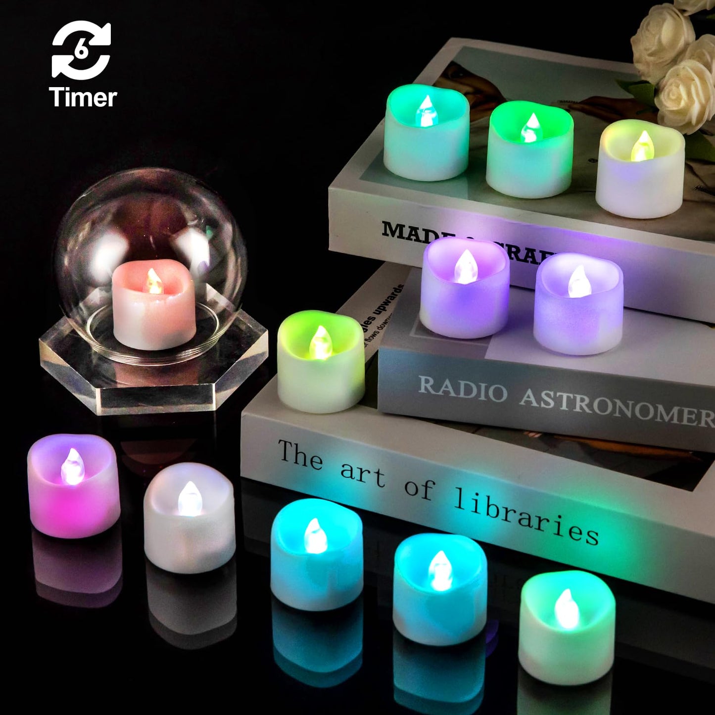 Windshell Color Changing Tealight Candles (White Base), 6H Timer (No Remote), 7-Color Auto Cycle Battery Operated Flameless LED Tea Lights, for Easter Halloween Christmas, 12 Pack