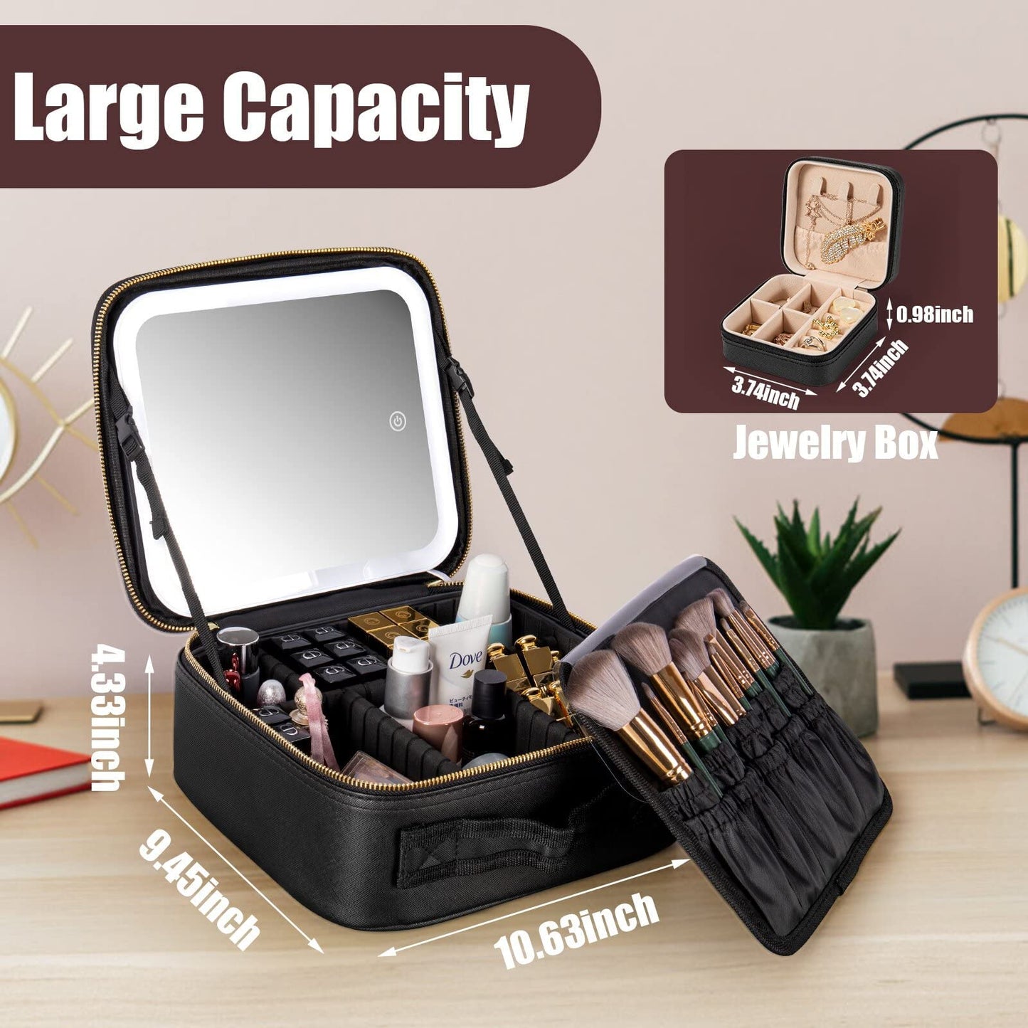Extrei Gent Makeup Travel Train Case with Mirror LED Light 3 Adjustable Brightness Large Cosmetic Bag Portable Storage Adjustable Partition Waterproof Makeup Brushes Make up Jewelry Gift for Women