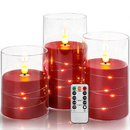 Da by 3 Pack Red Transparent Acrylic Flameless Taper Candles, Flickering Black Wick LED Candles with Fairy String Lights, Heat Resistant ABS Candles with Remote for Indoor Outdoor Decor
