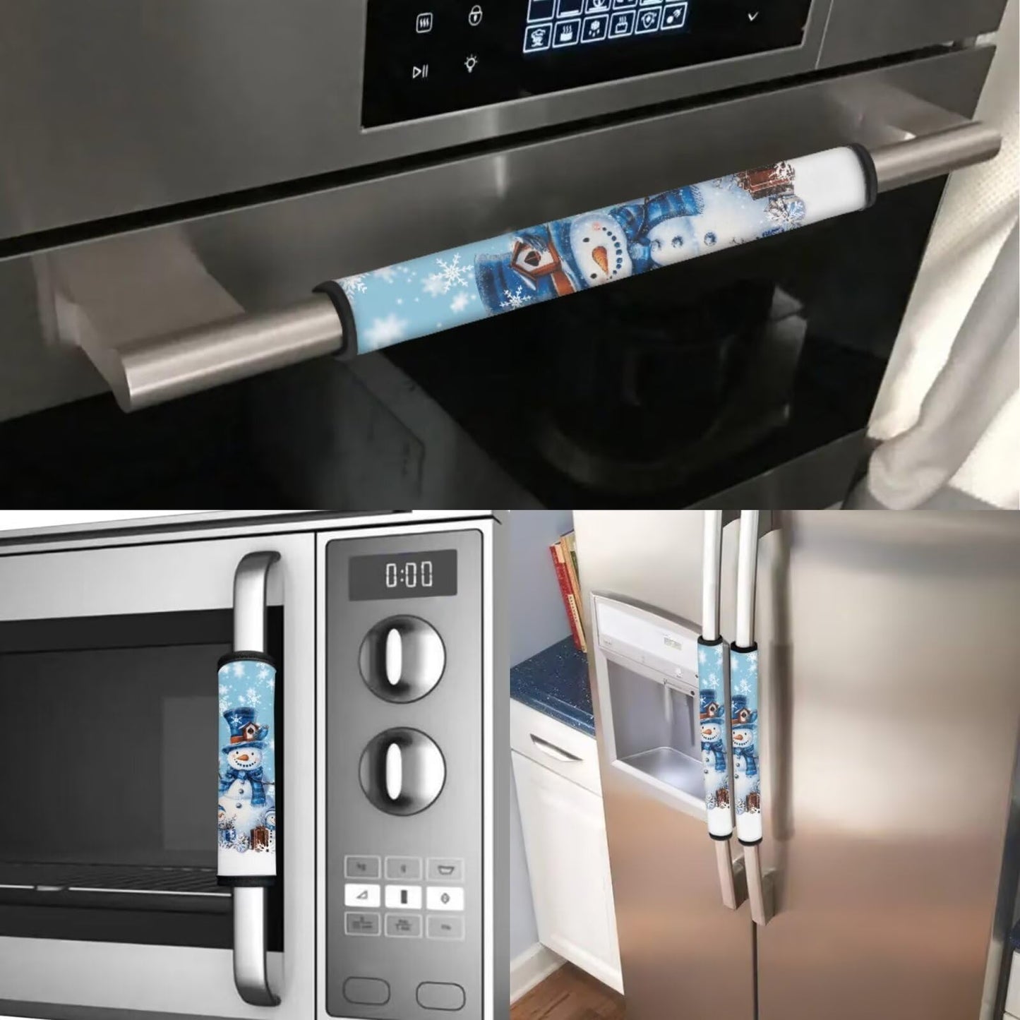 HUISEFOR Christmas Refrigerator Door Handle Covers Blue Snowman Fridge Door Handle Covers Set of 6 Oven Microwave Dishwasher Antiskid Protector Xmas Kitchen Decor