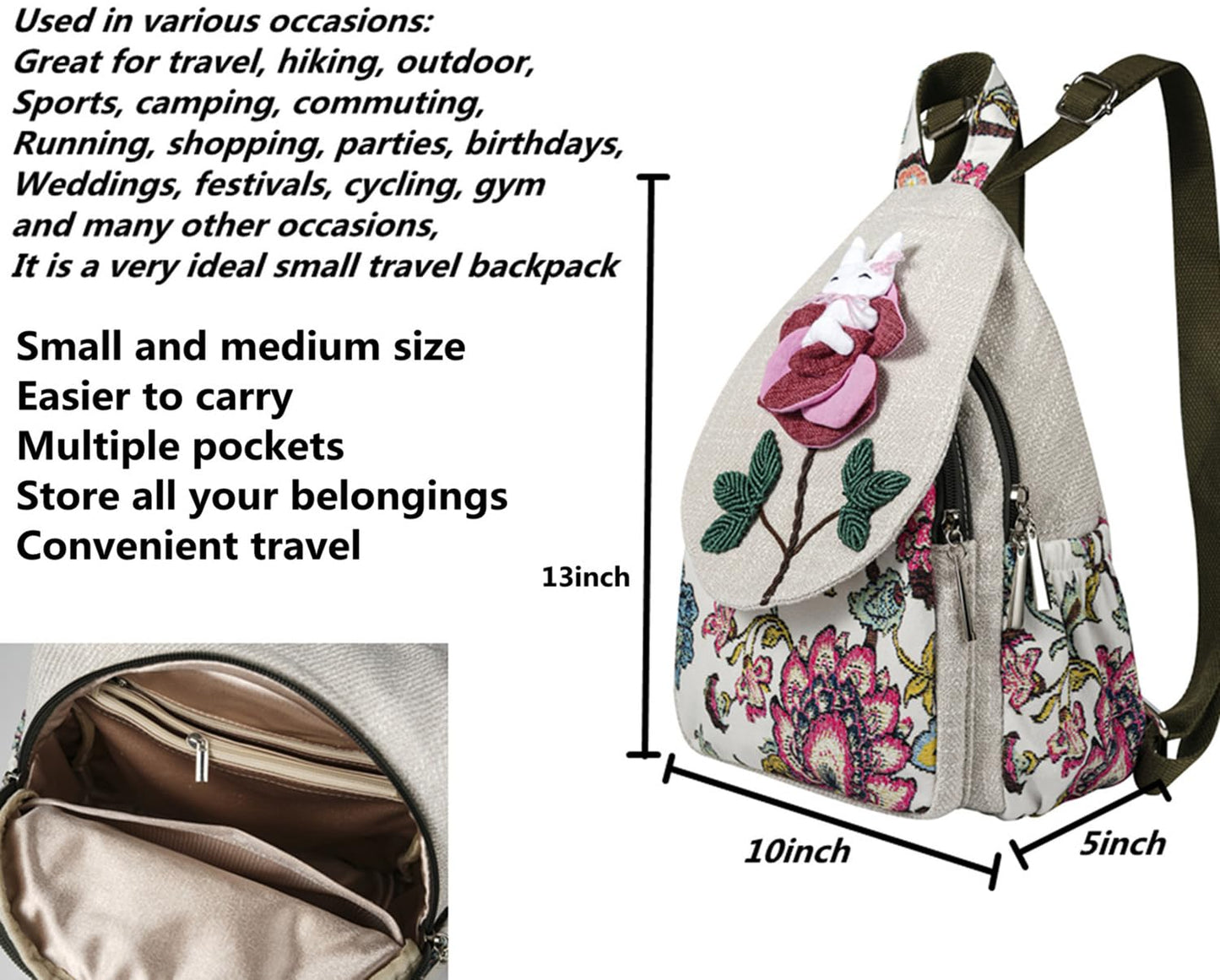 Qalmea Small Backpack for Women，Hippie Backpack Handmade Canvas Bags Casual Mini Handbag（Rabbit Pattern）