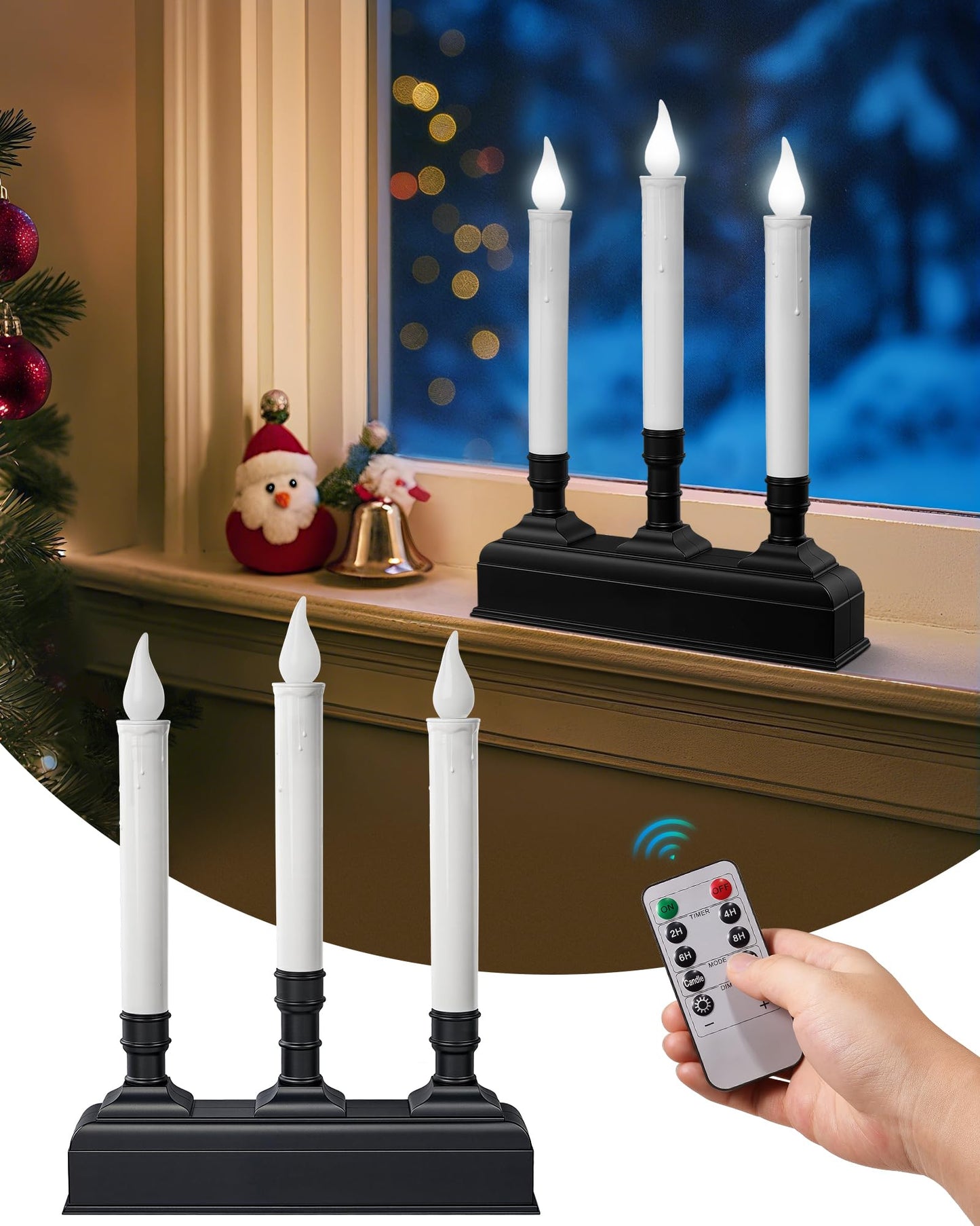 SURAIELEC Christmas Battery Window Candles with remote, 3-Light Candolier Window Candle, Flameless 5000K LED Candles, 1.9" Narrow Base, Chritmas Window Candle for Window, Mantel, Dinning Table, 1-Pack