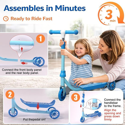 Kids Scooter for Ages 3-7 | Three-Wheel Toddler Kick Scooter with Light-Up Wheels, Adjustable Handlebar & Anti-Slip Deck - Blue