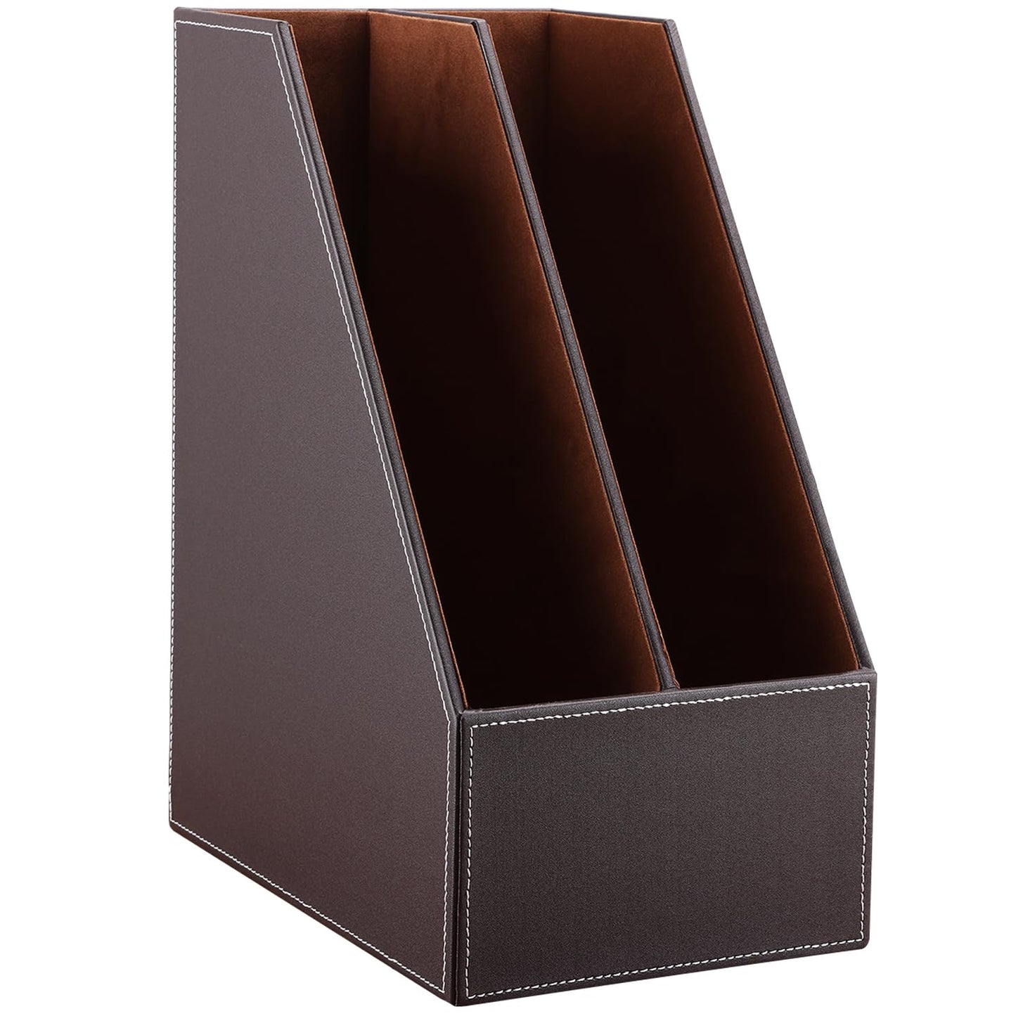 KINGFOM Wooden Leatherette Desktop File Folder Organizer and Document File Stand Journals Magazine Rack 2 Slots (brown)