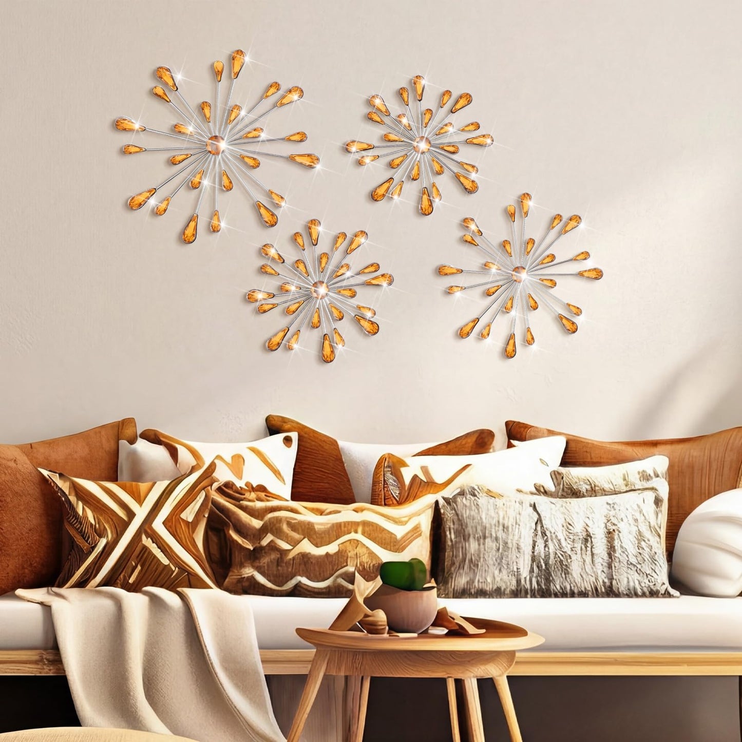 Hicarer 4 Pcs Starburst Wall Decor Bling Wall Art Crystal Teardrop 3D Hanging Rhinestone Radial Metal Artwork Modern Accent Sculptures Decorations for Living Room Home Office Bedroom(Amber)