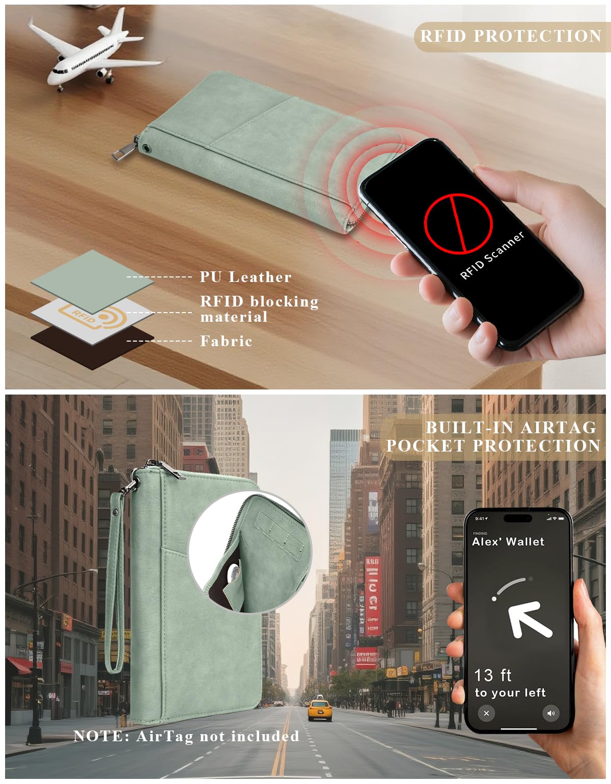Family Passport Holder Wallet RFID Travel Document Organizer for Women Men, Portable Case Cover for Cards, Boarding Pass with Wrist & Neck Double Strap, Travel Gifts (Sage Green, 1pack)