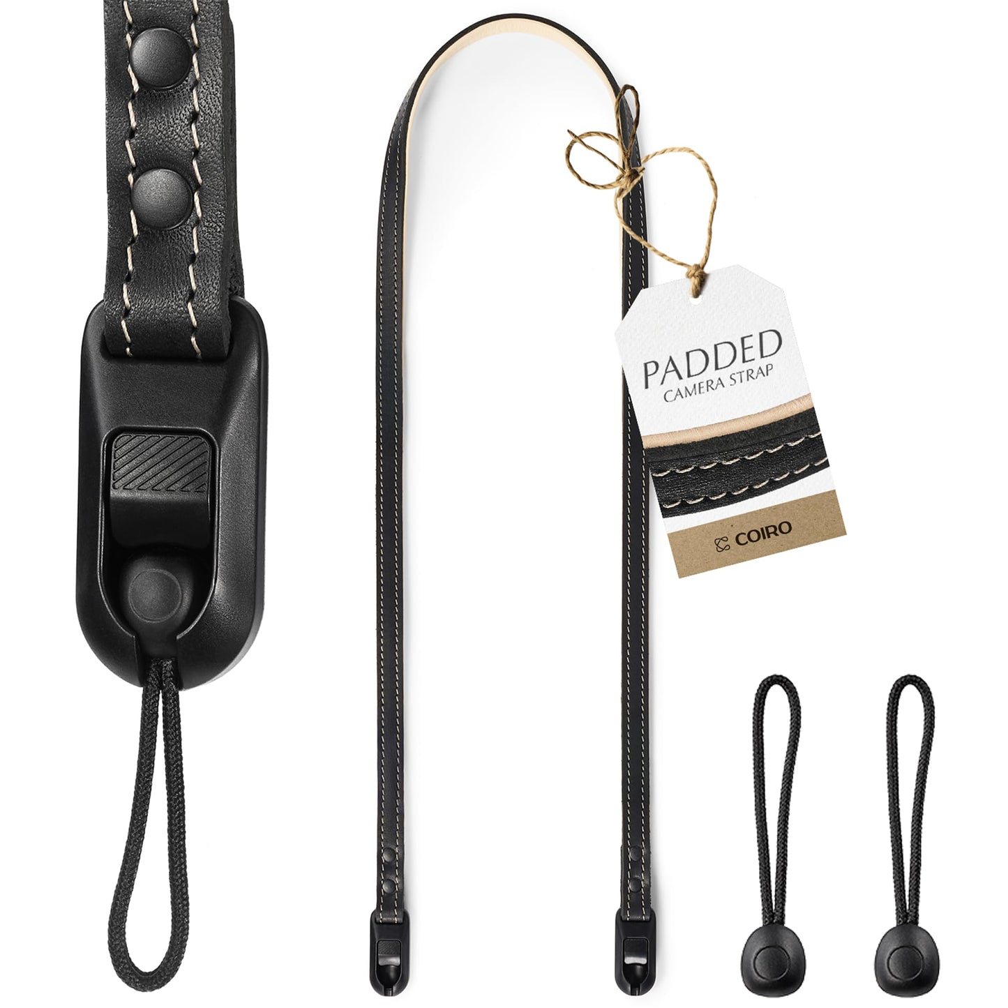 C Coiro Slim Leather Camera Strap with Quick Release, Neck Adjustable Camera Shoulder Strap SLR Compatible with All Camera Brands, Padded/Black