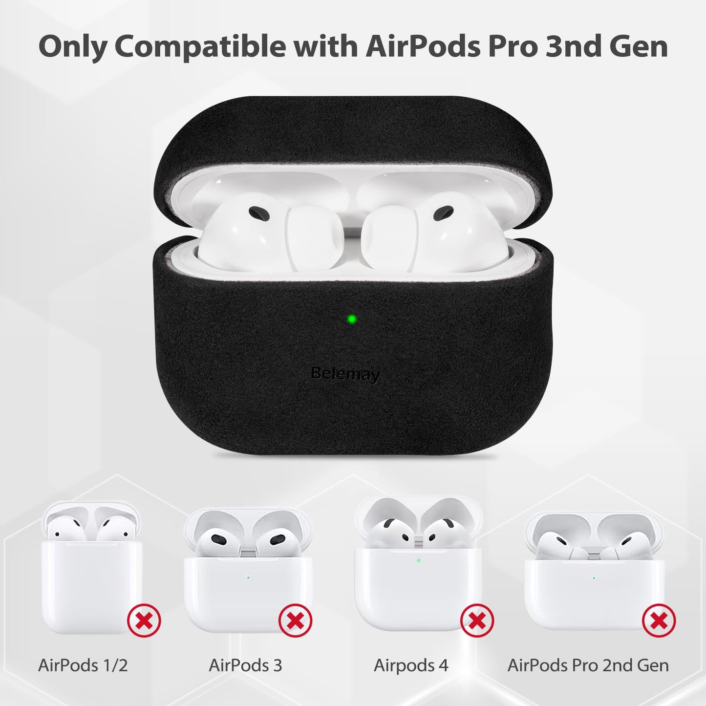 Belemay Handcrafted Alcantara Case for AirPods Pro 3rd Gen (2025), Compatible with MagSafe, Luxury Italian Suede-Like Material, Comfortable Grip, Elegant Cover Compatible with Airpods Pro 3, Black