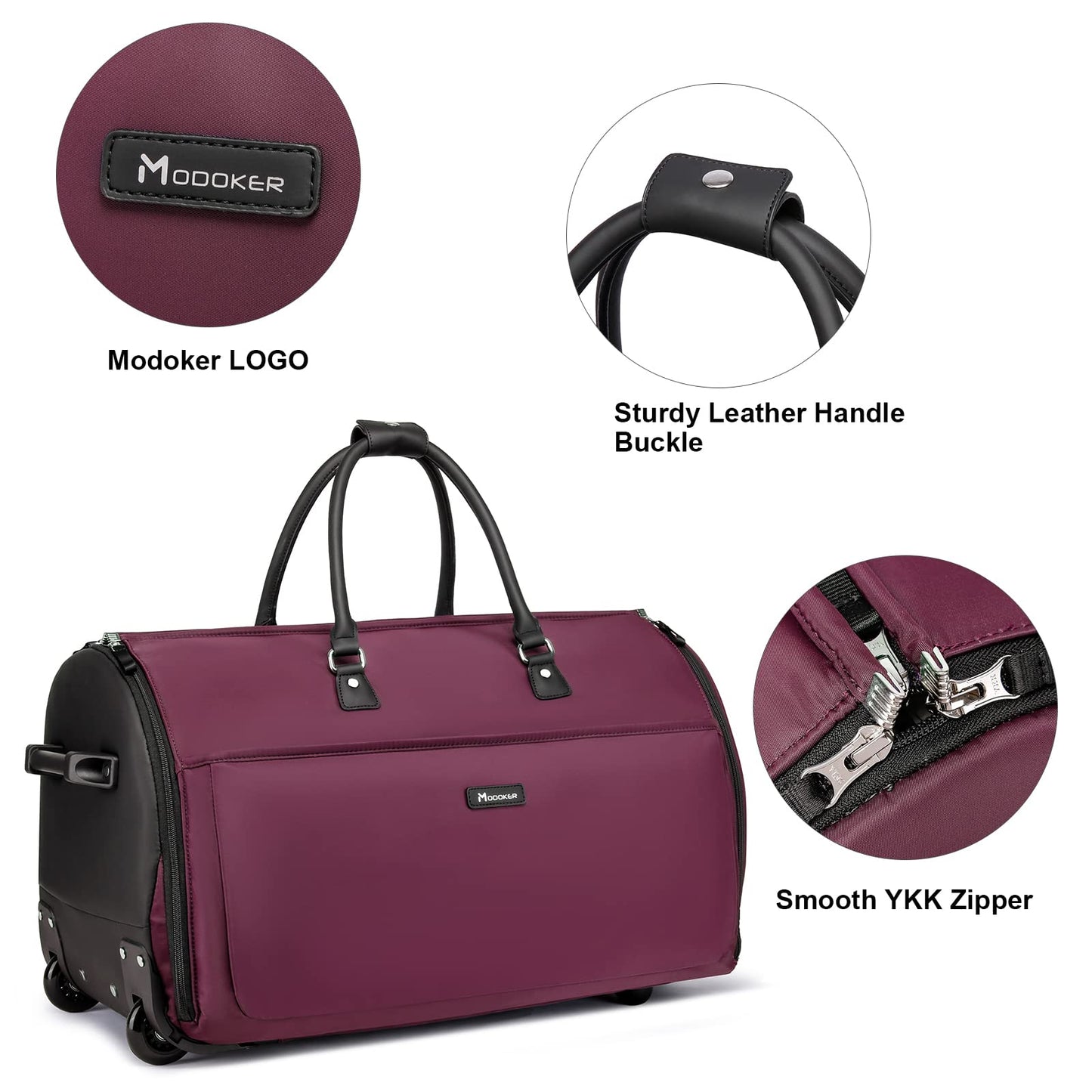 Modoker Rolling Garment Bags, Large Garment Duffle Bag with Wheels, 3 in 1 Garment Suit Luggage Bag for Women Men Business Travel Weekender, Red