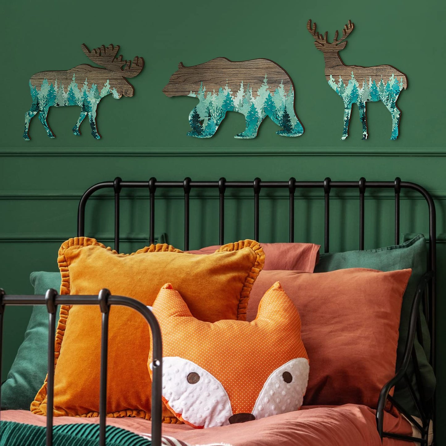 Newcotte Woodland Nursery Decor Bear Elk Wood Animal Cabin Wall Decor Trio Wildlife Hanging with Deer and Moose Rustic Woodland Animal Christmas Decorative Signs Set of 3