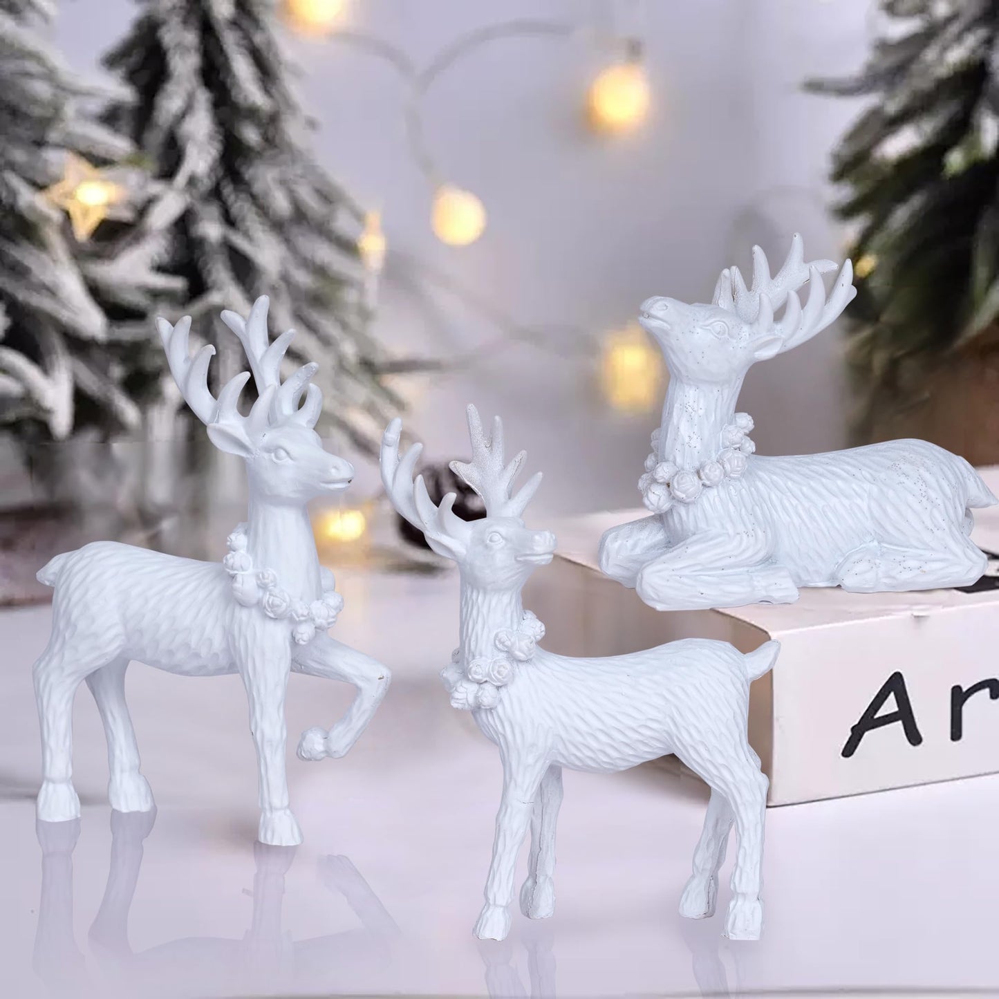 White Christmas Reindeer Decor Set of 3 Resin Standing Deer Figurines Elk Sculpture Christmas Figurine Centerpieces for Home Tabletop Shelf Elegant Xmas Deer Statue Artificial Animal Table Decorations
