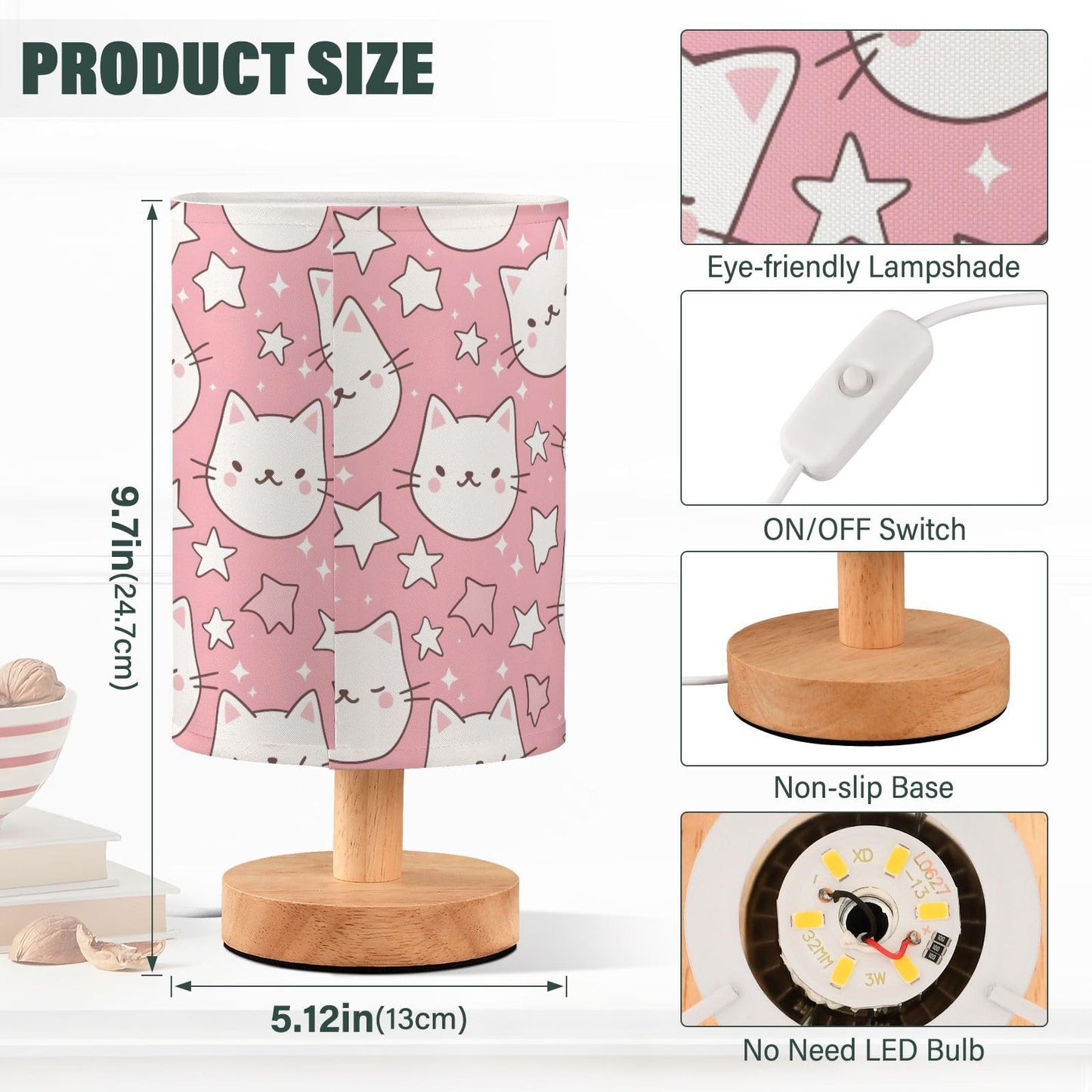Bedside Table Lamp Cat Star Pink Table Lamp for Bedroom Nightstand Lamp with USB Port LED Desk Lamp Shade Living Room Dorm Office